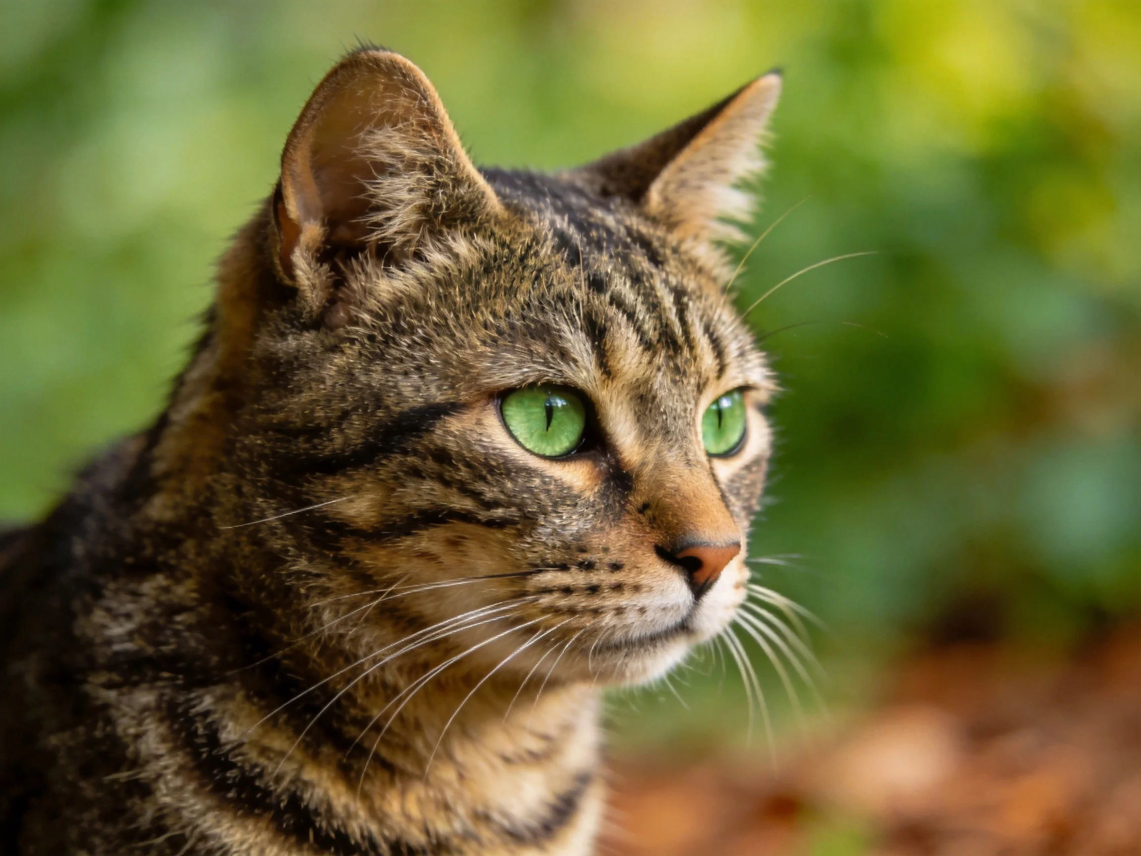 A tabby cat with green eyes observes its surroundings outdoors.