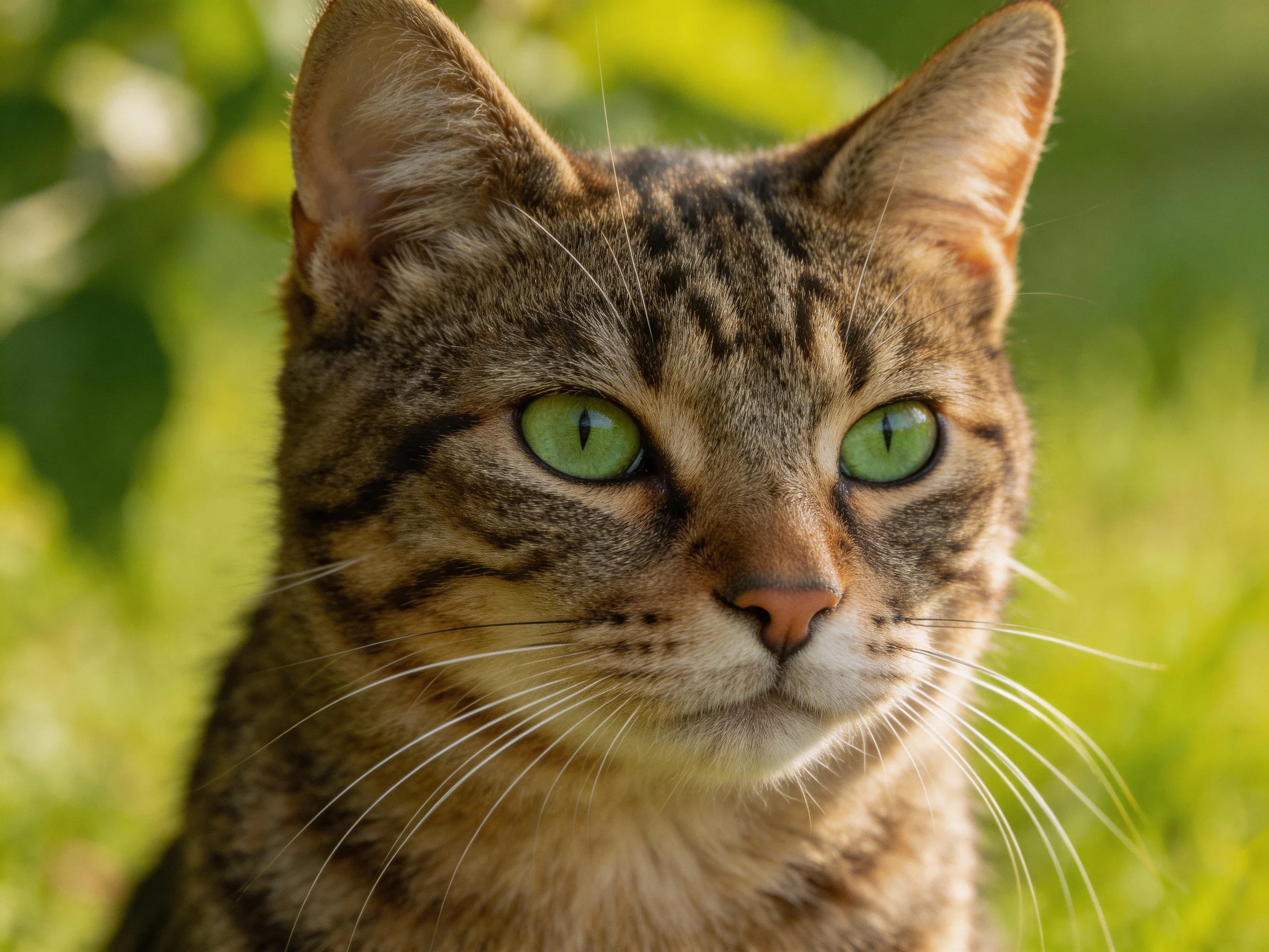 A close - up of a tabby cat with vivid green eyes in a sunlit outdoor scene.
