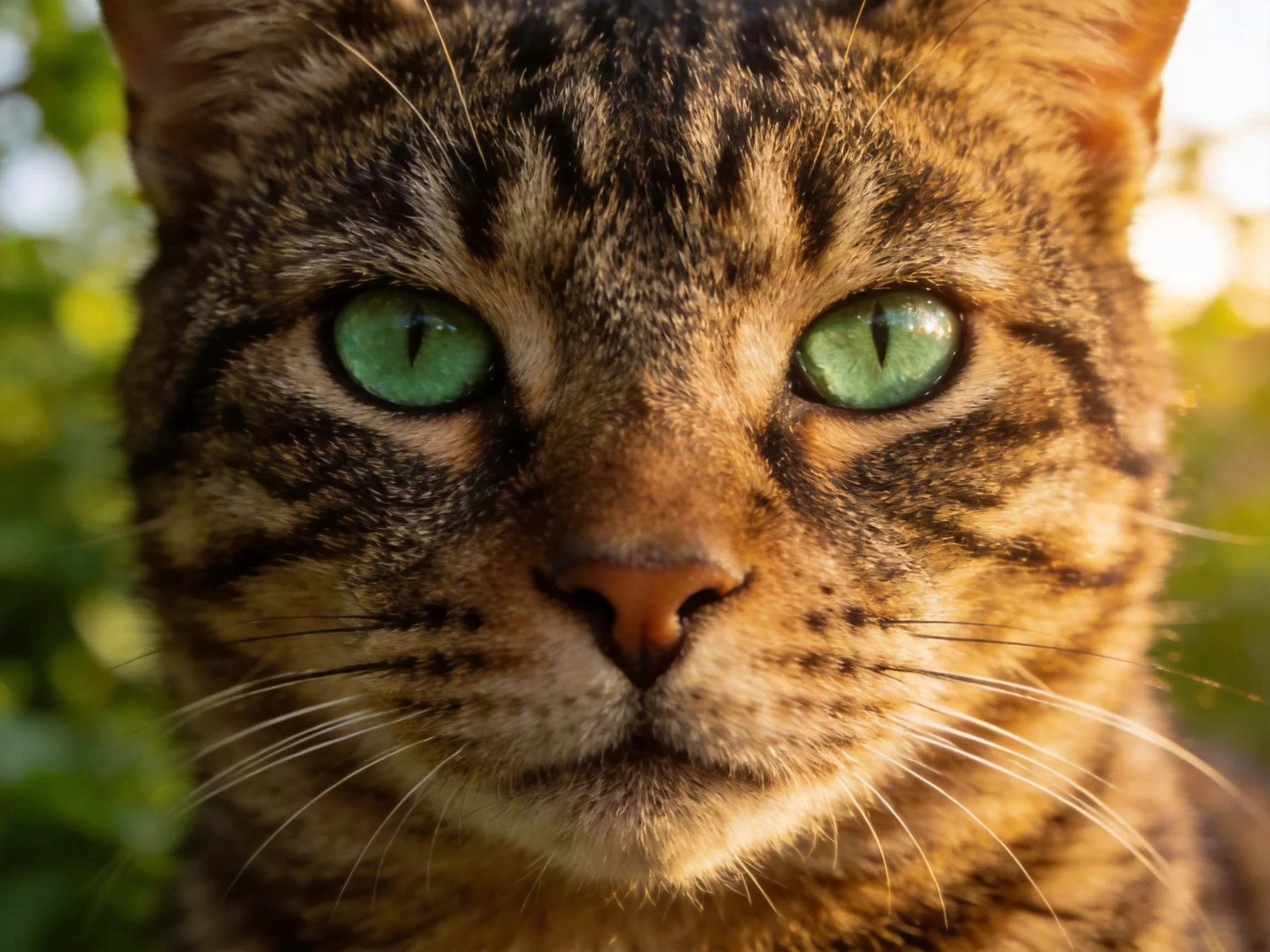 A tabby cat with bright green eyes is captured up close in a natural environment.