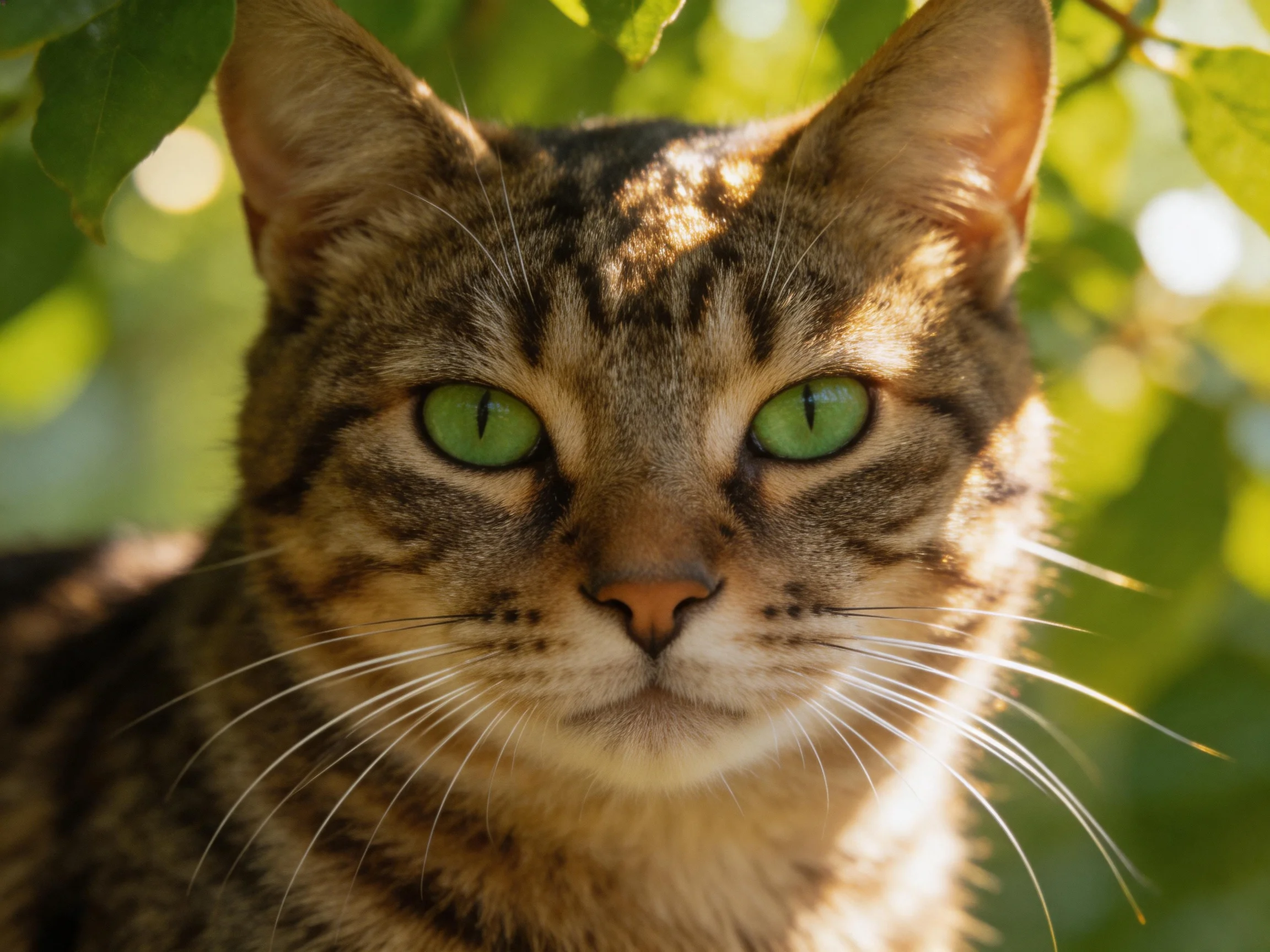 A tabby cat with bright green eyes is shown near greenery.