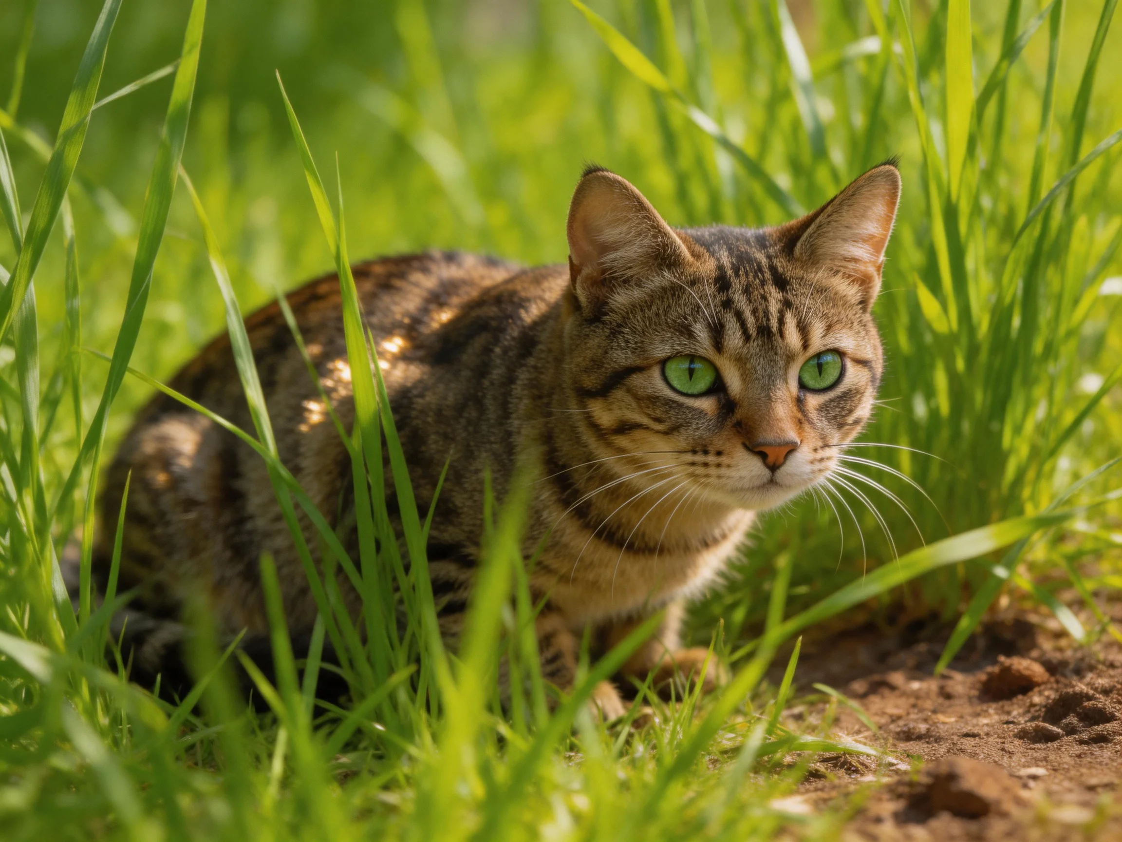 A tabby cat with green eyes sits among tall green grass in sunlight.