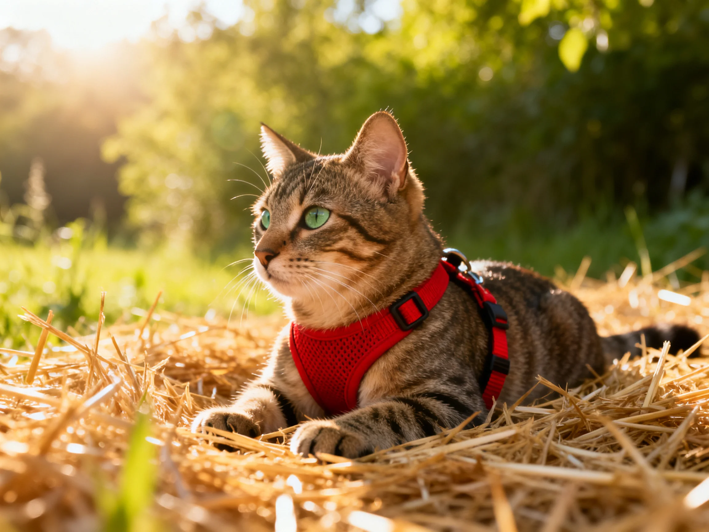 A tabby cat with green eyes rests on straw in an outdoor setting