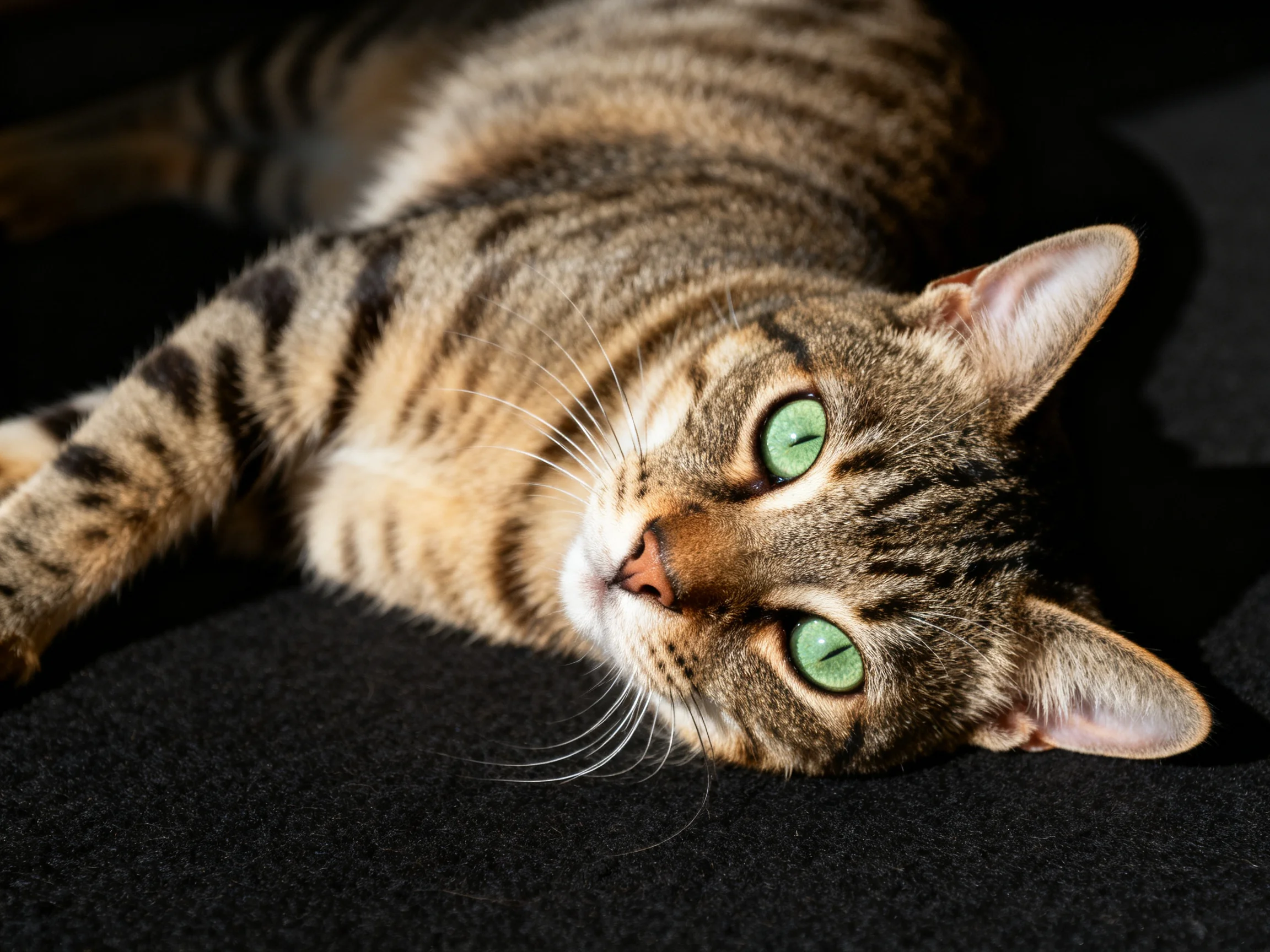 A tabby cat with green eyes relaxes on a dark fabric surface.