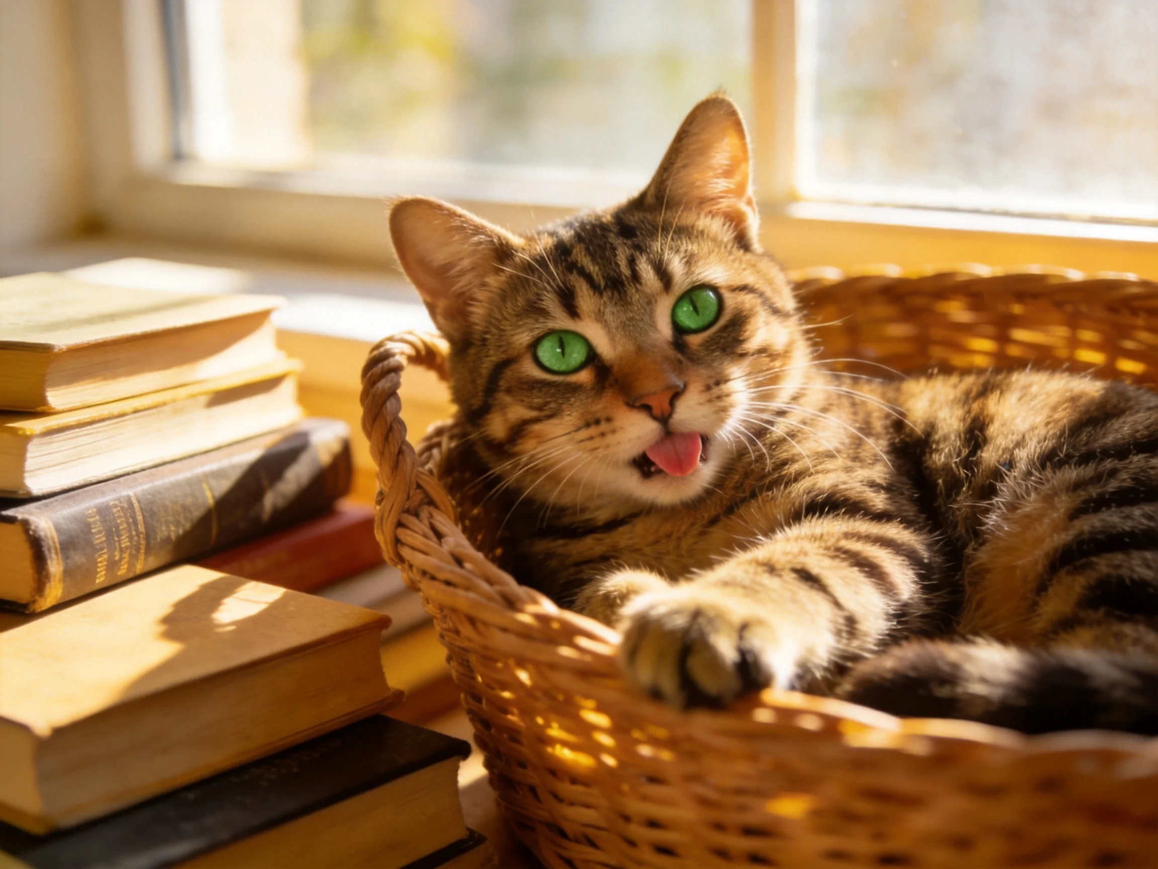 A tabby cat relaxes in a wicker basket next to stacked books by a sunlit window.