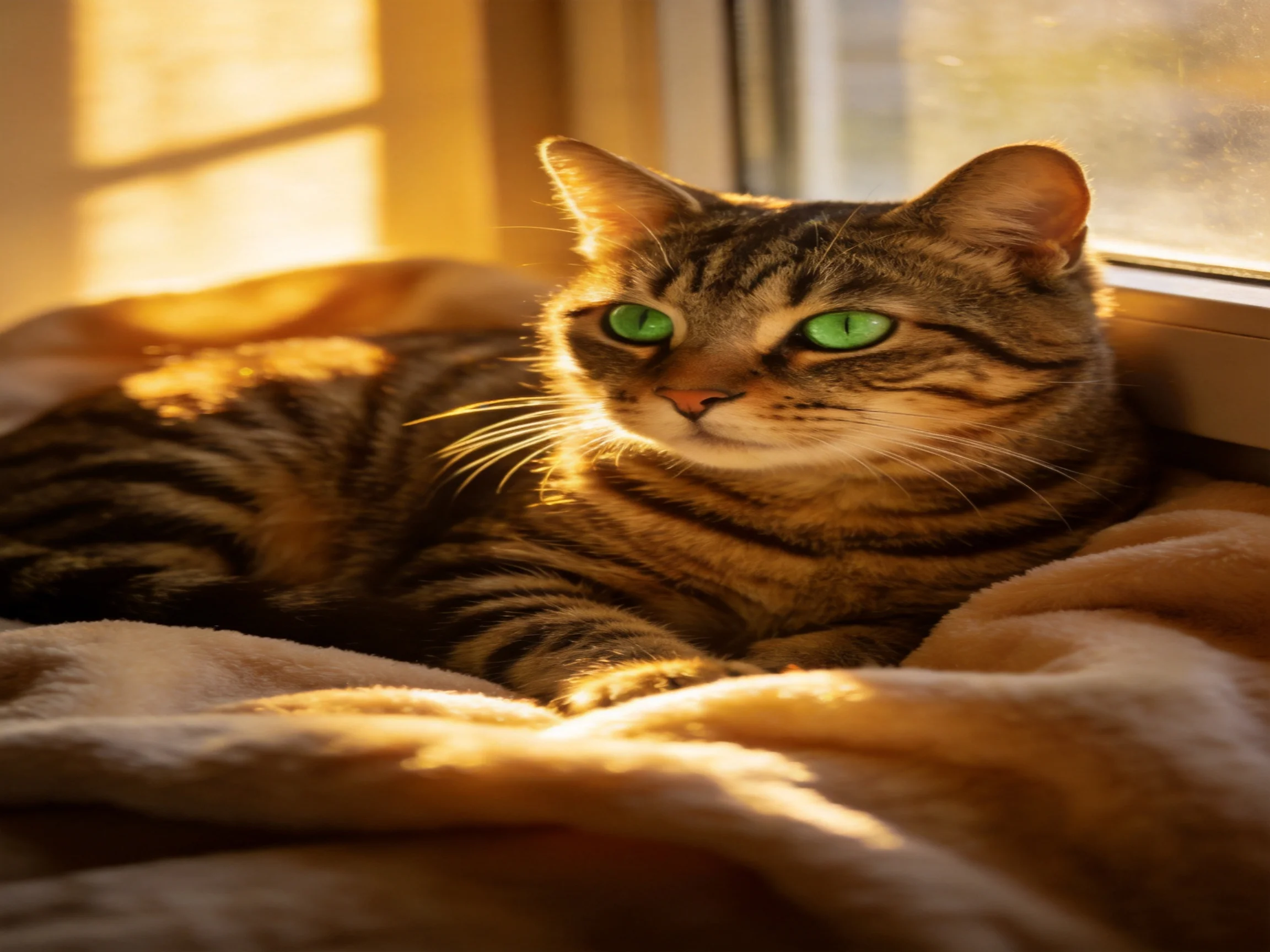 A tabby cat with green eyes relaxes on a blanket near a sunlit window.