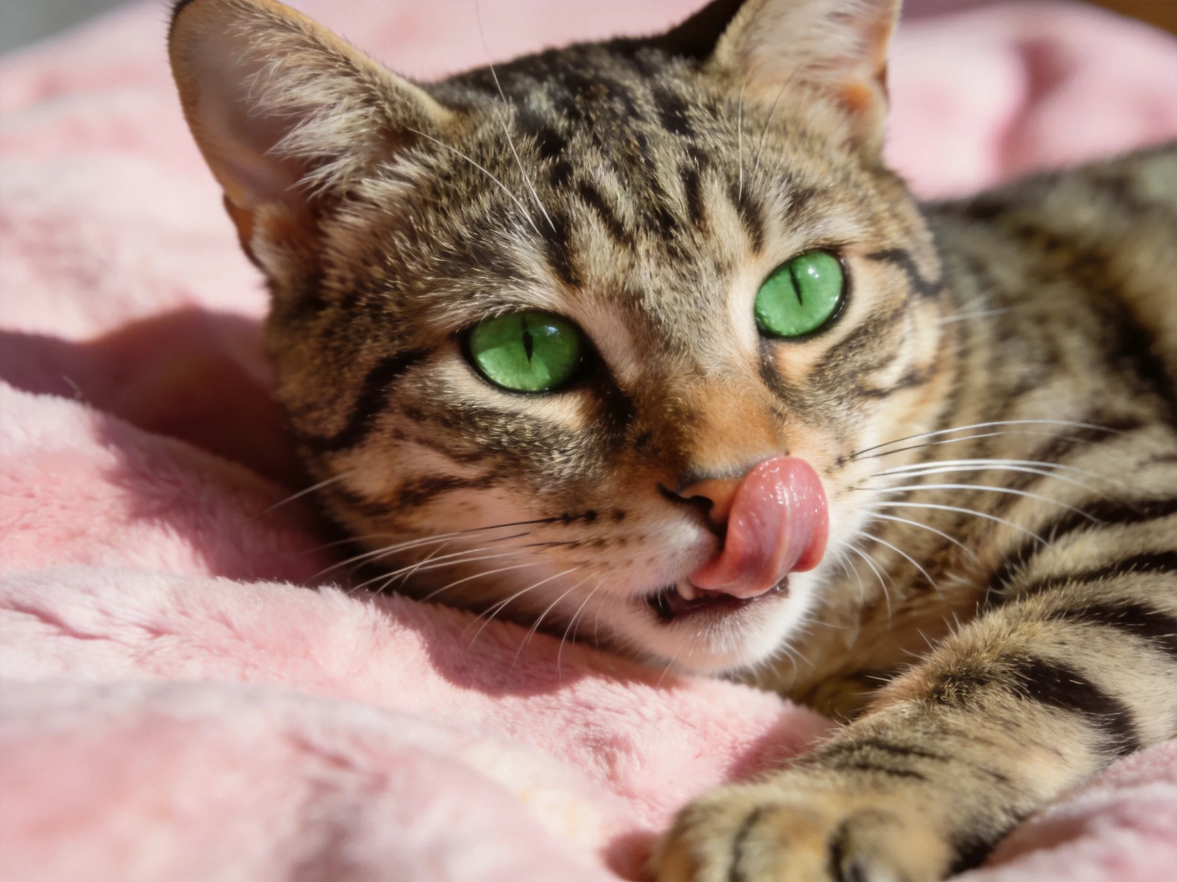 A tabby cat with green eyes relaxes on a pink blanket.