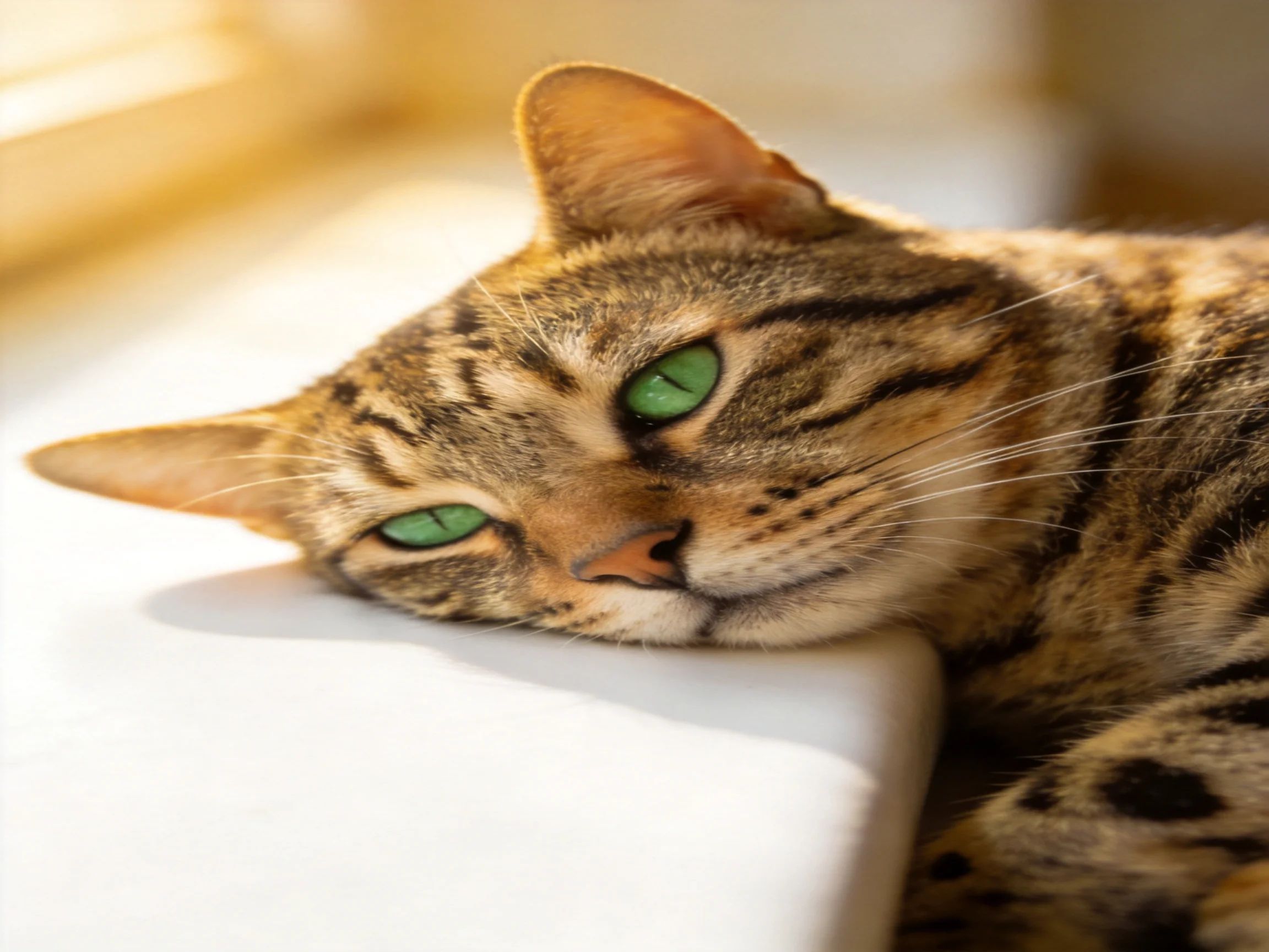 A tabby cat with green eyes relaxes on a white surface in warm light.