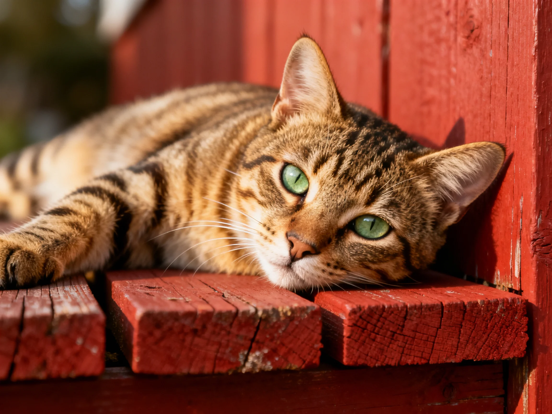 A tabby cat with green eyes relaxes on red wooden planks
