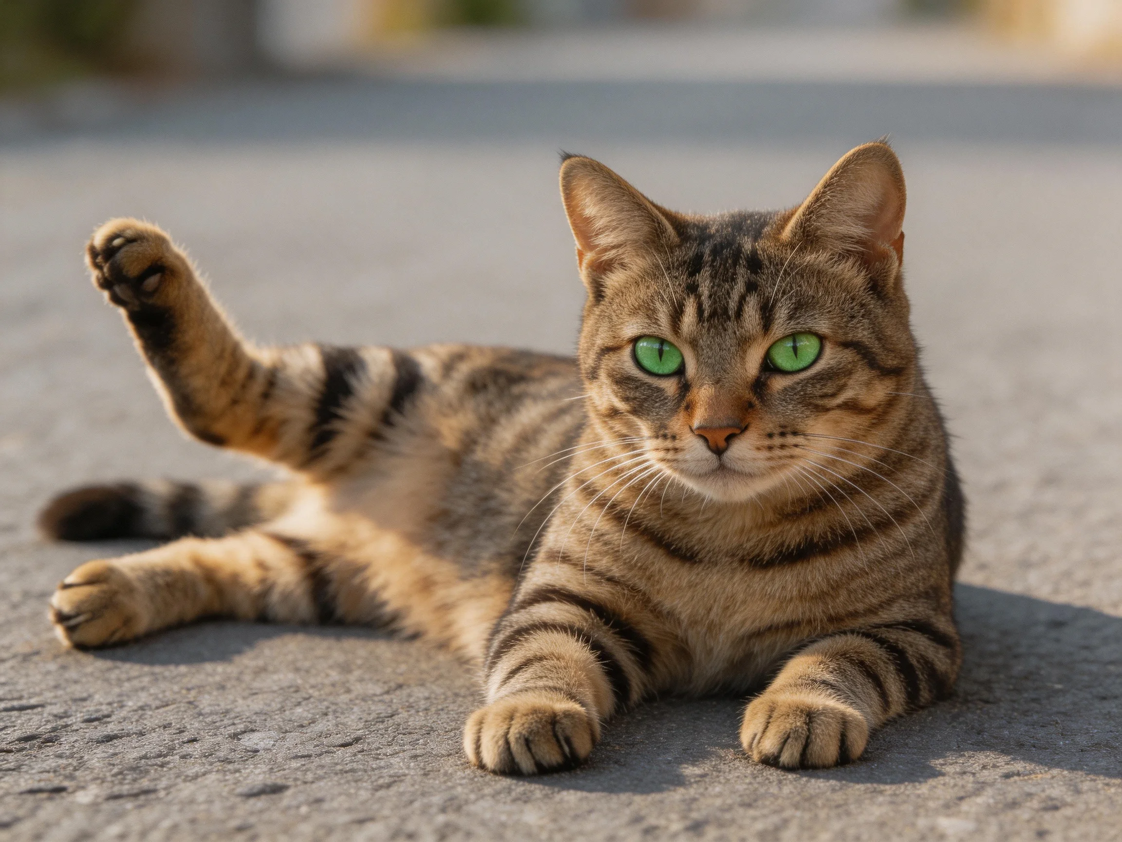 A tabby cat with green eyes relaxes on pavement.