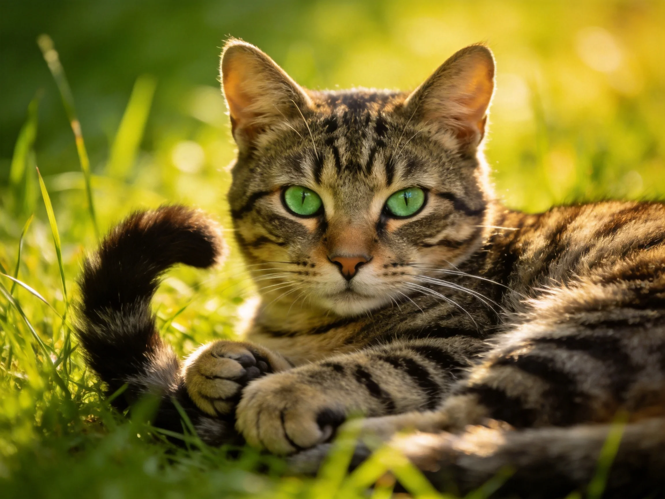 A tabby cat with green eyes relaxes on grass in a sunlit setting.