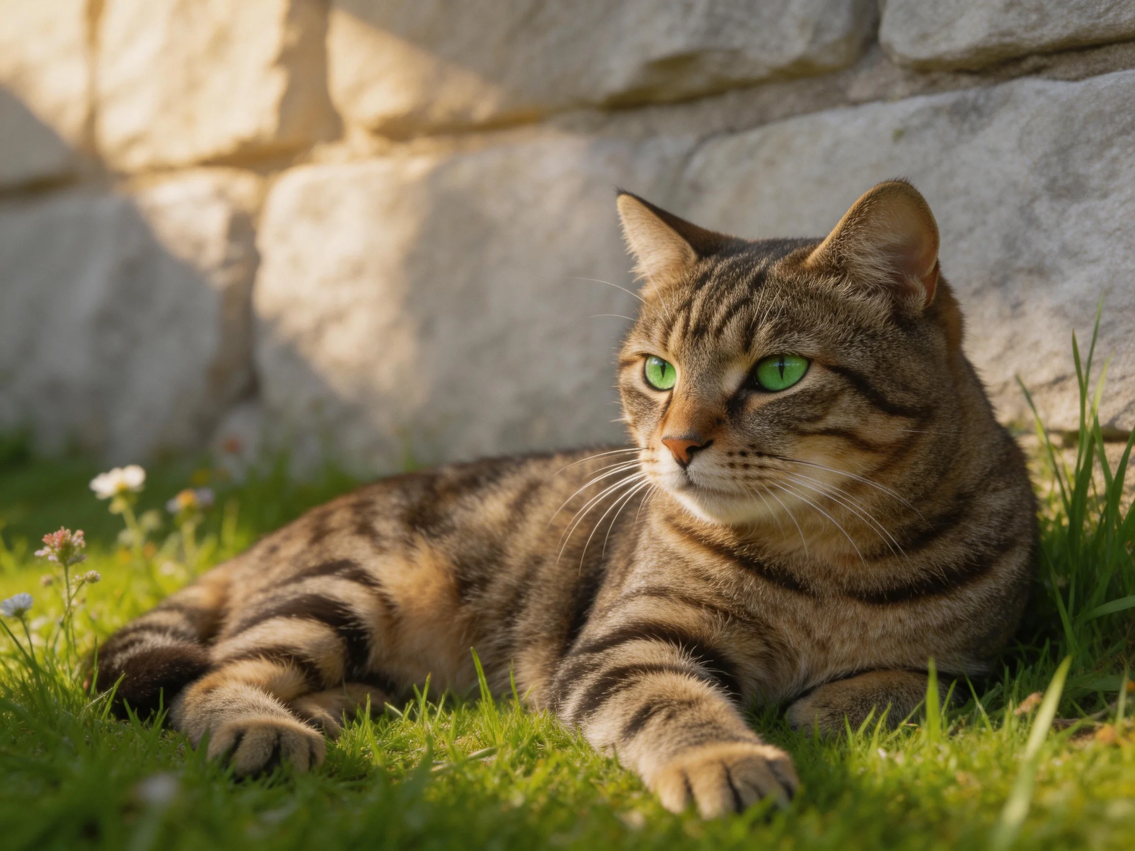 A tabby cat with bright green eyes rests near a stone wall on grass
