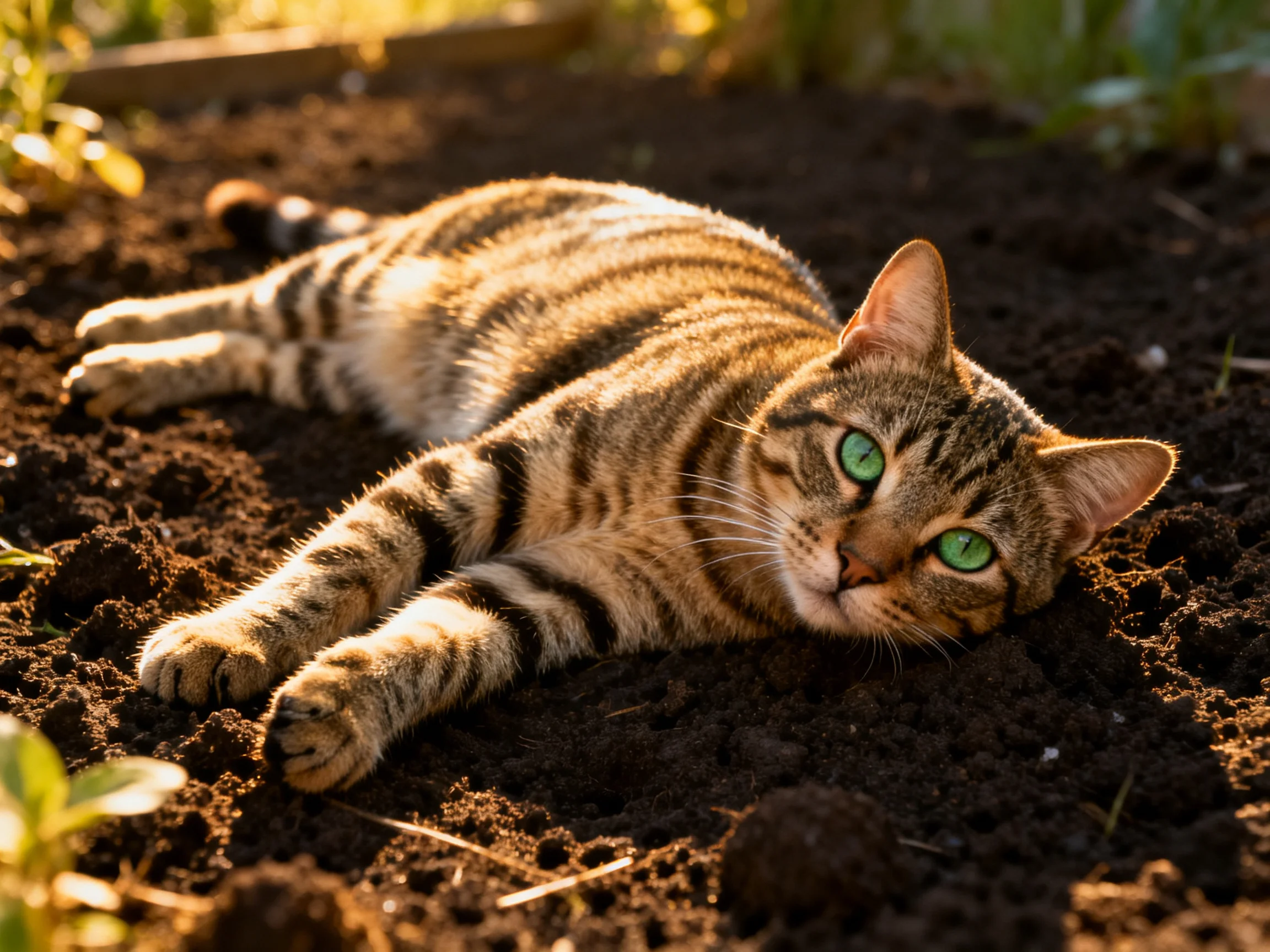A tabby cat with green eyes rests on dark soil under sunlight.