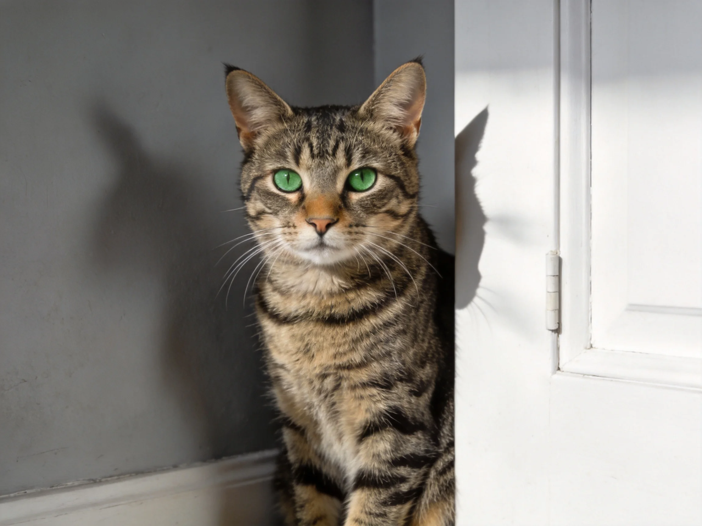 A tabby cat with green eyes sits by a white door.