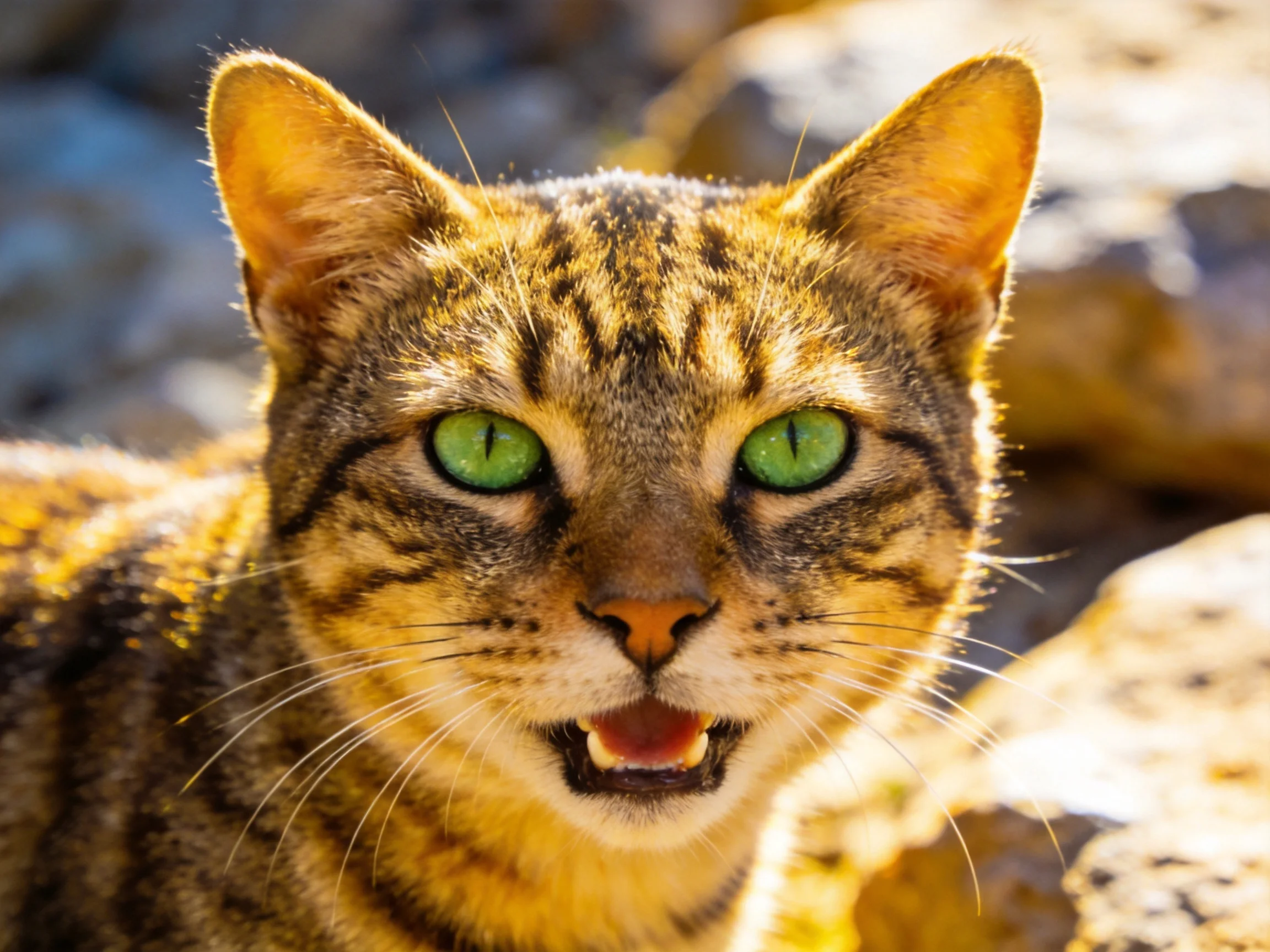 A close - up of a tabby cat with green eyes near rocks.