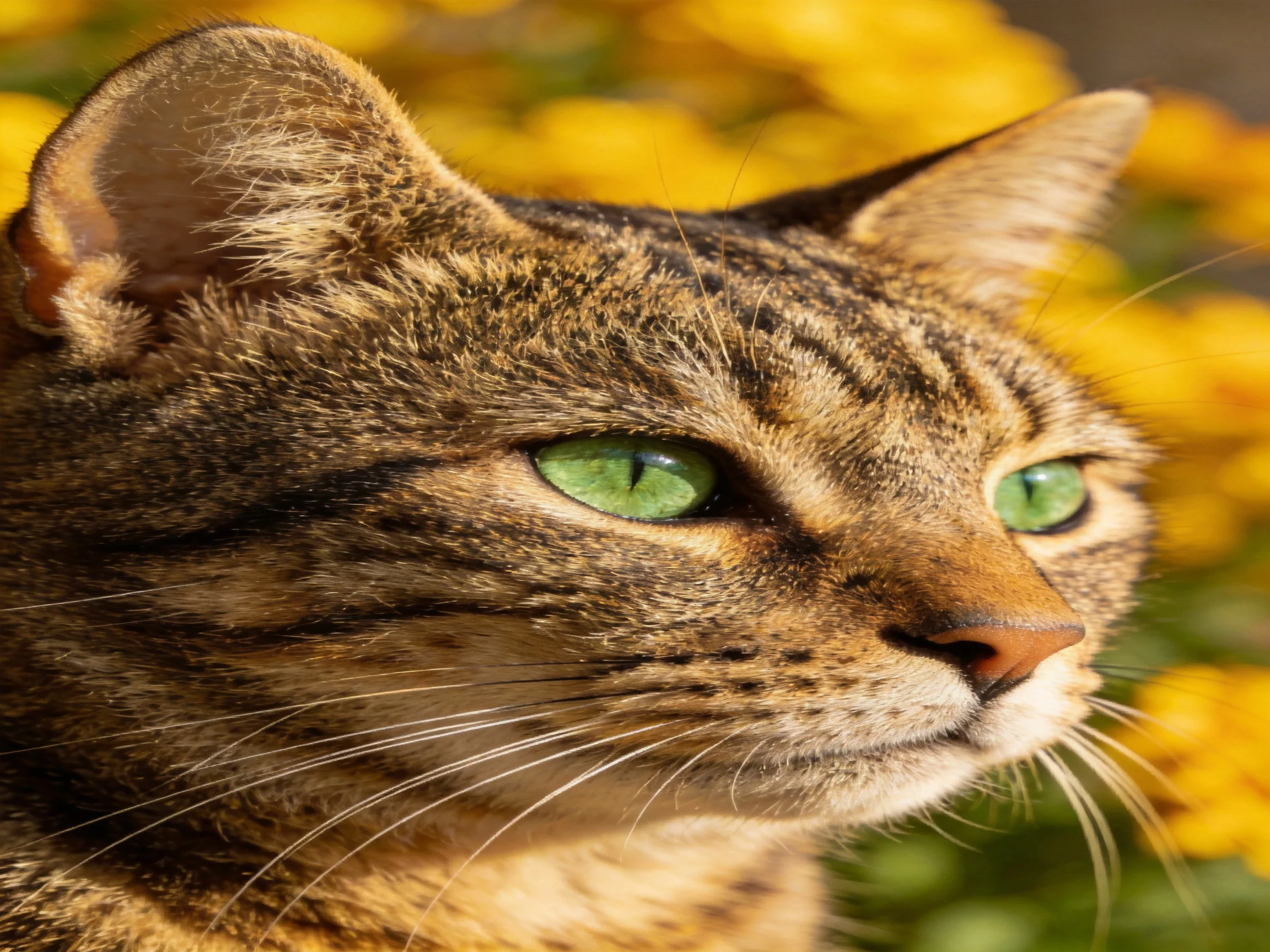 A tabby cat looks toward the right beside yellow flowers