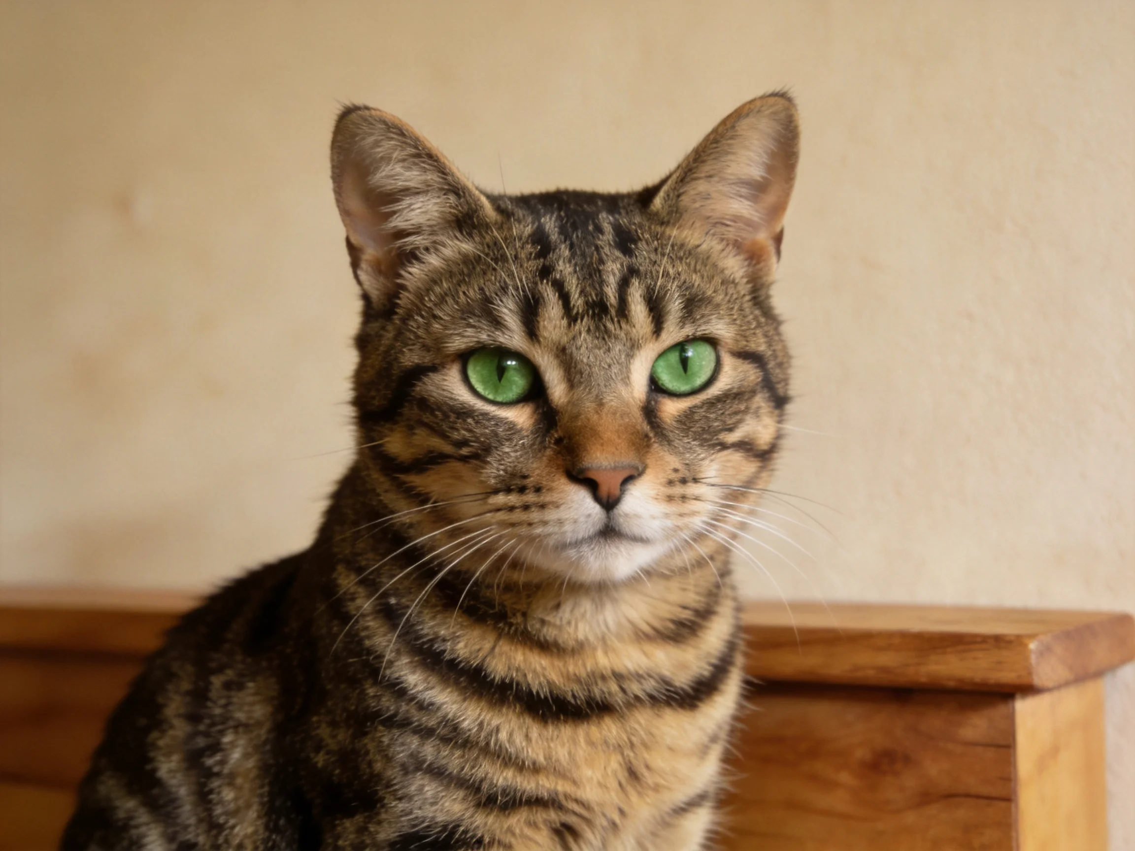 A tabby cat with green eyes sits near wooden furnishings.