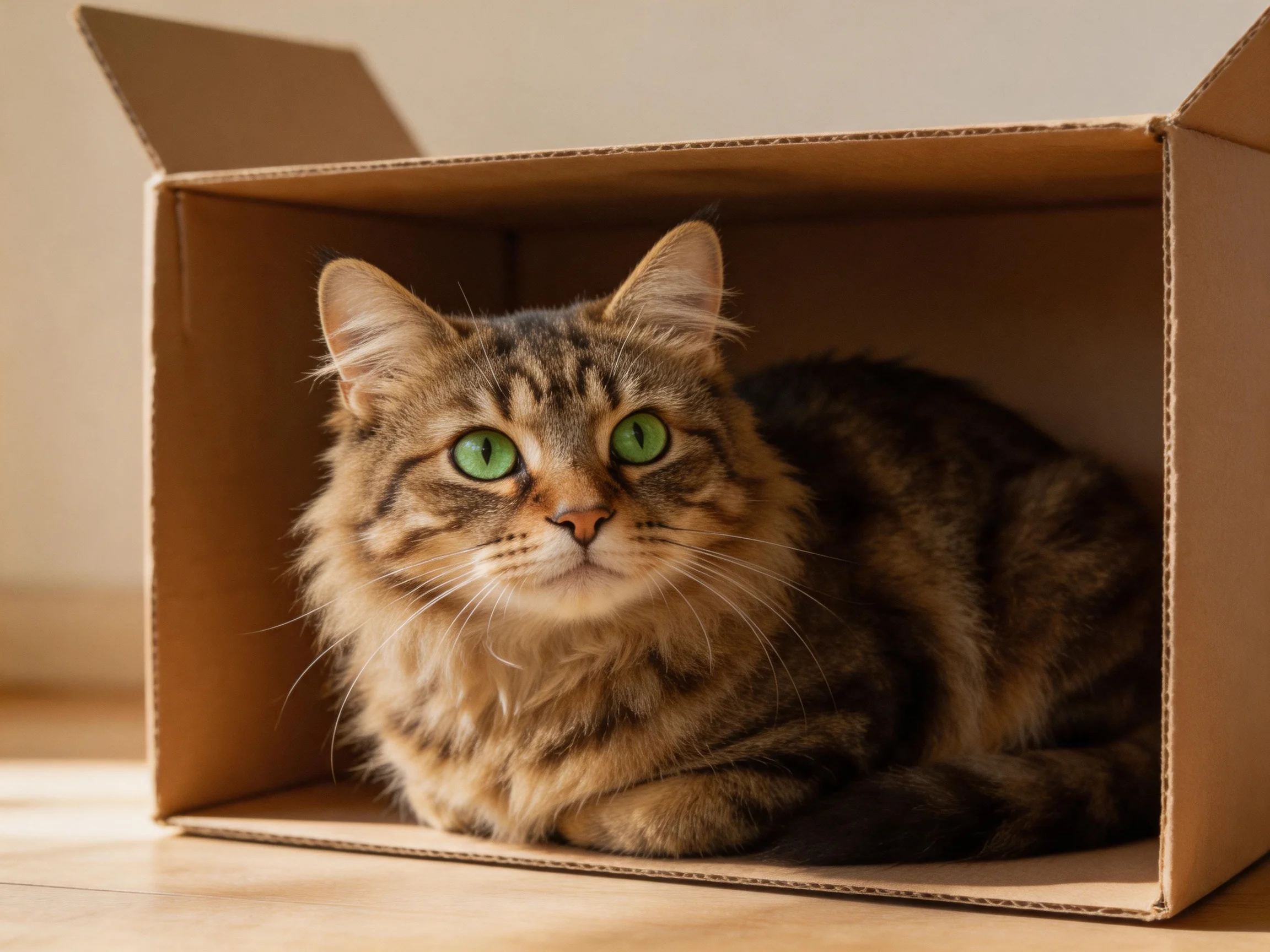 A tabby cat with green eyes relaxes inside an open cardboard box