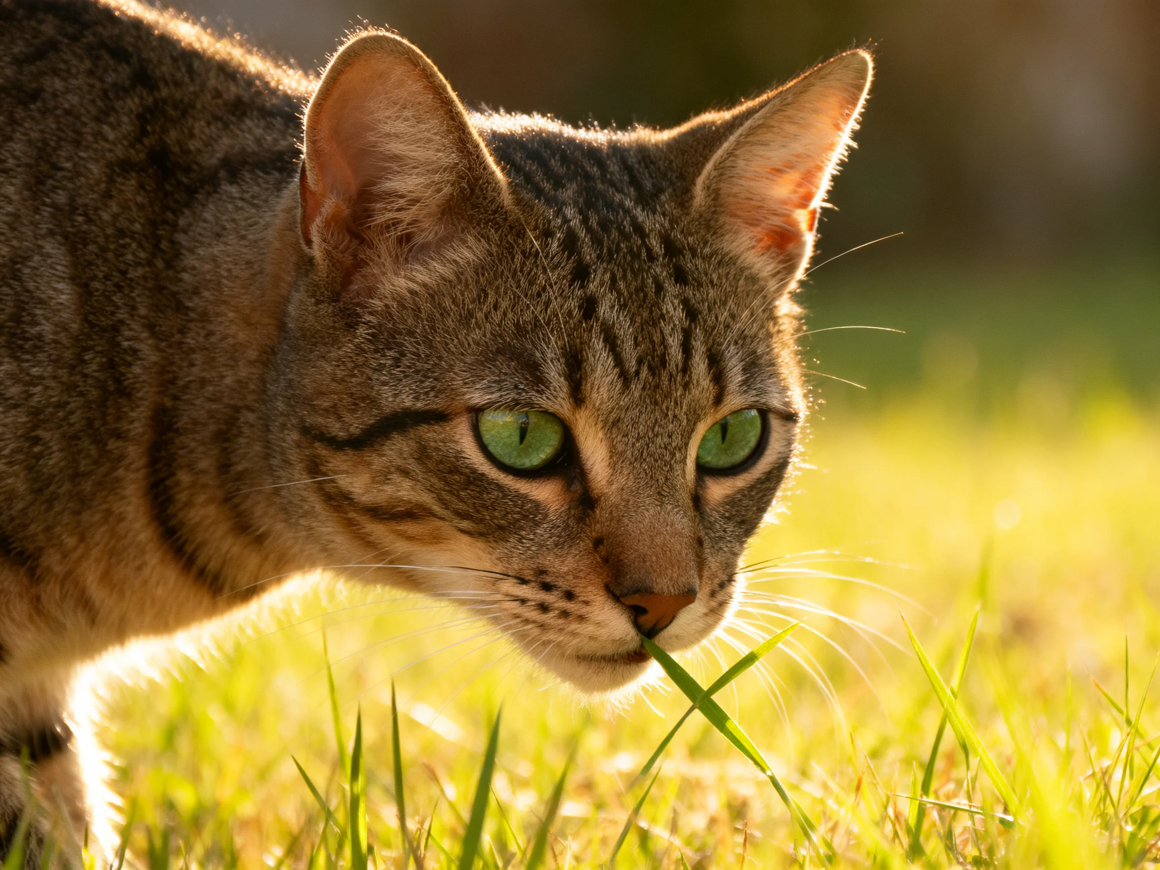 A tabby cat with green eyes eats grass in a sunlit outdoor setting.