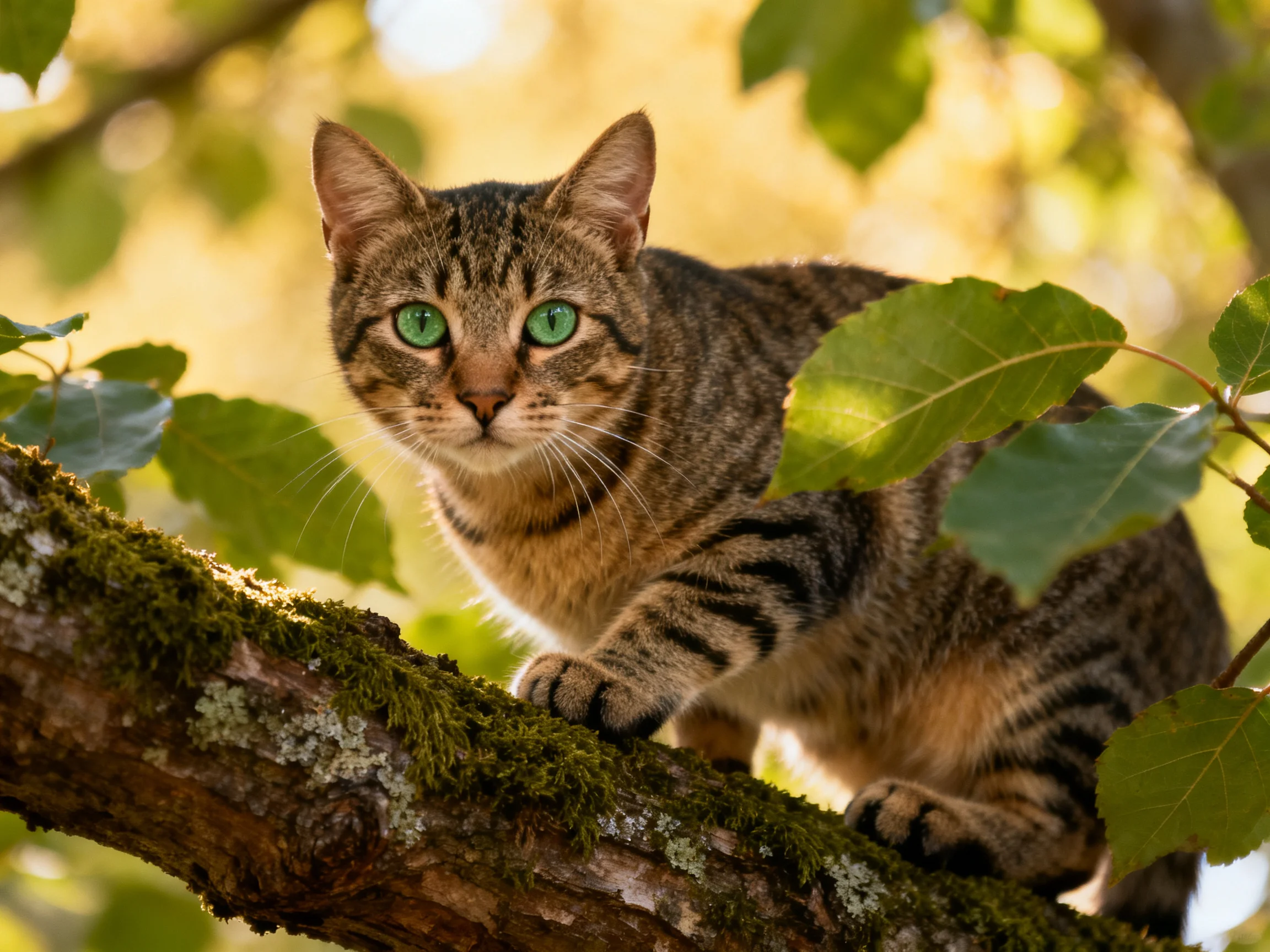 A tabby cat with green eyes sits on a mossy tree branch surrounded by leaves.