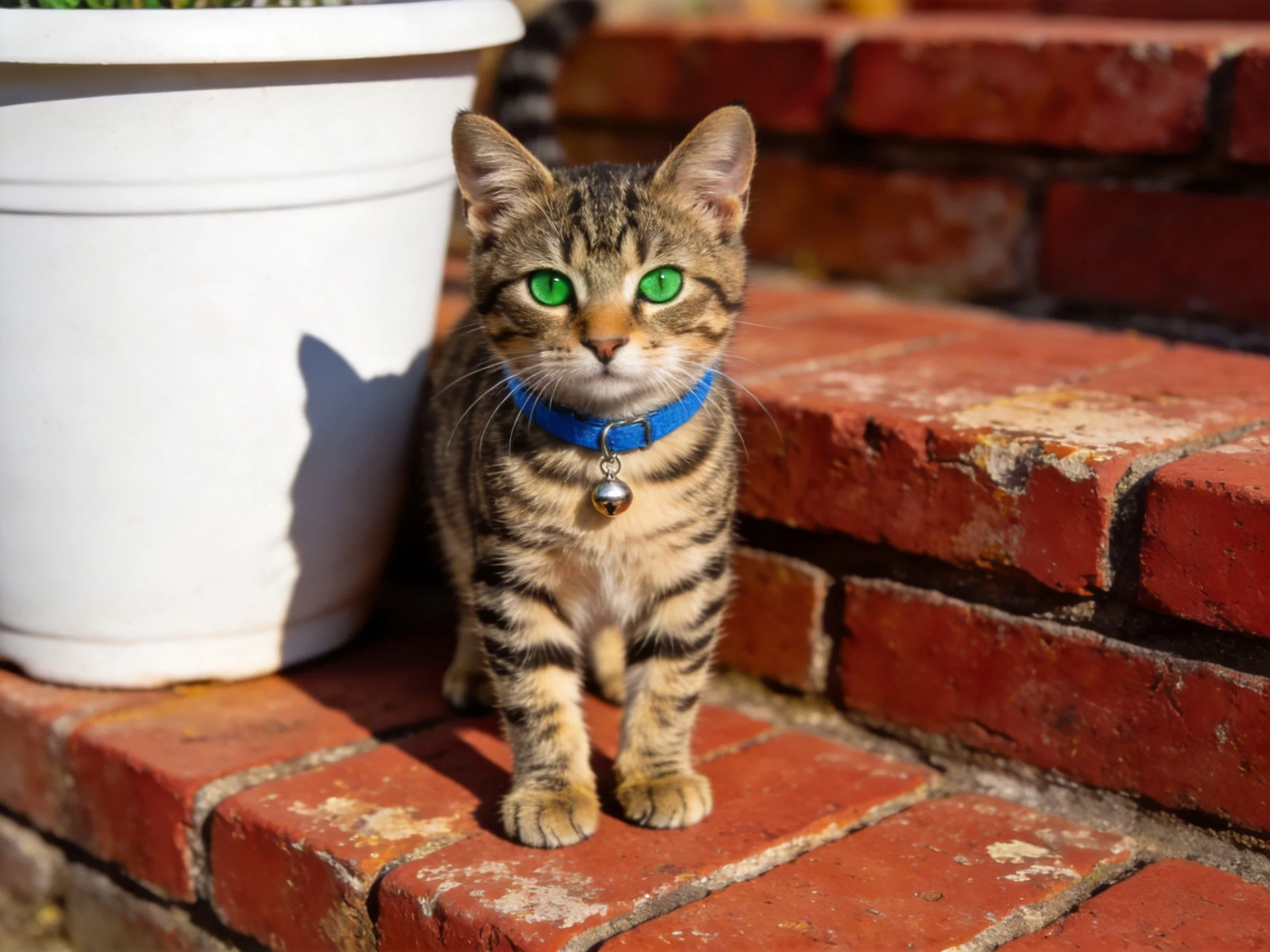 A tabby cat with green eyes stands on red brick steps beside a white planter.