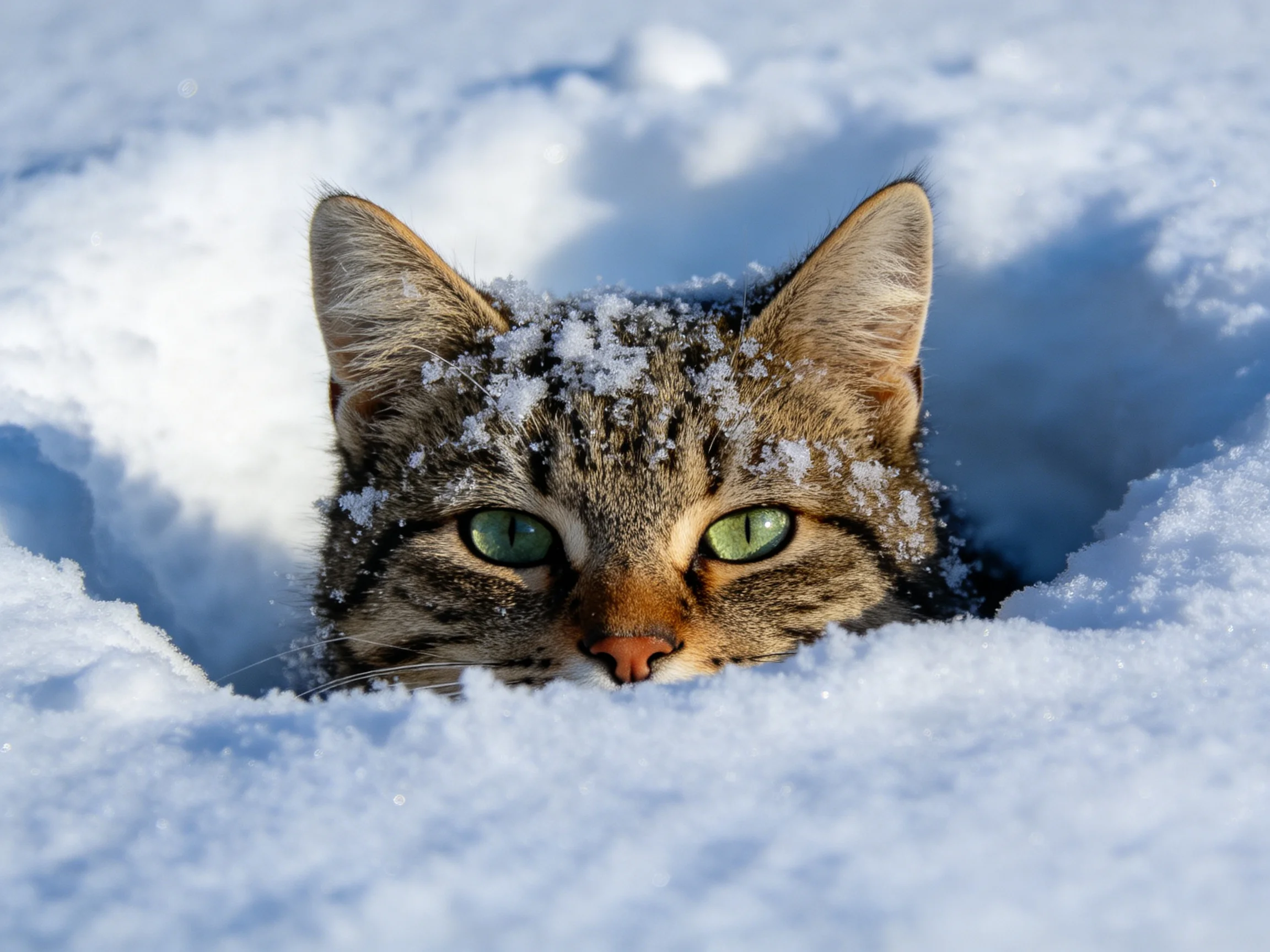 A tabby cat with green eyes peeks out of a deep snow mound.