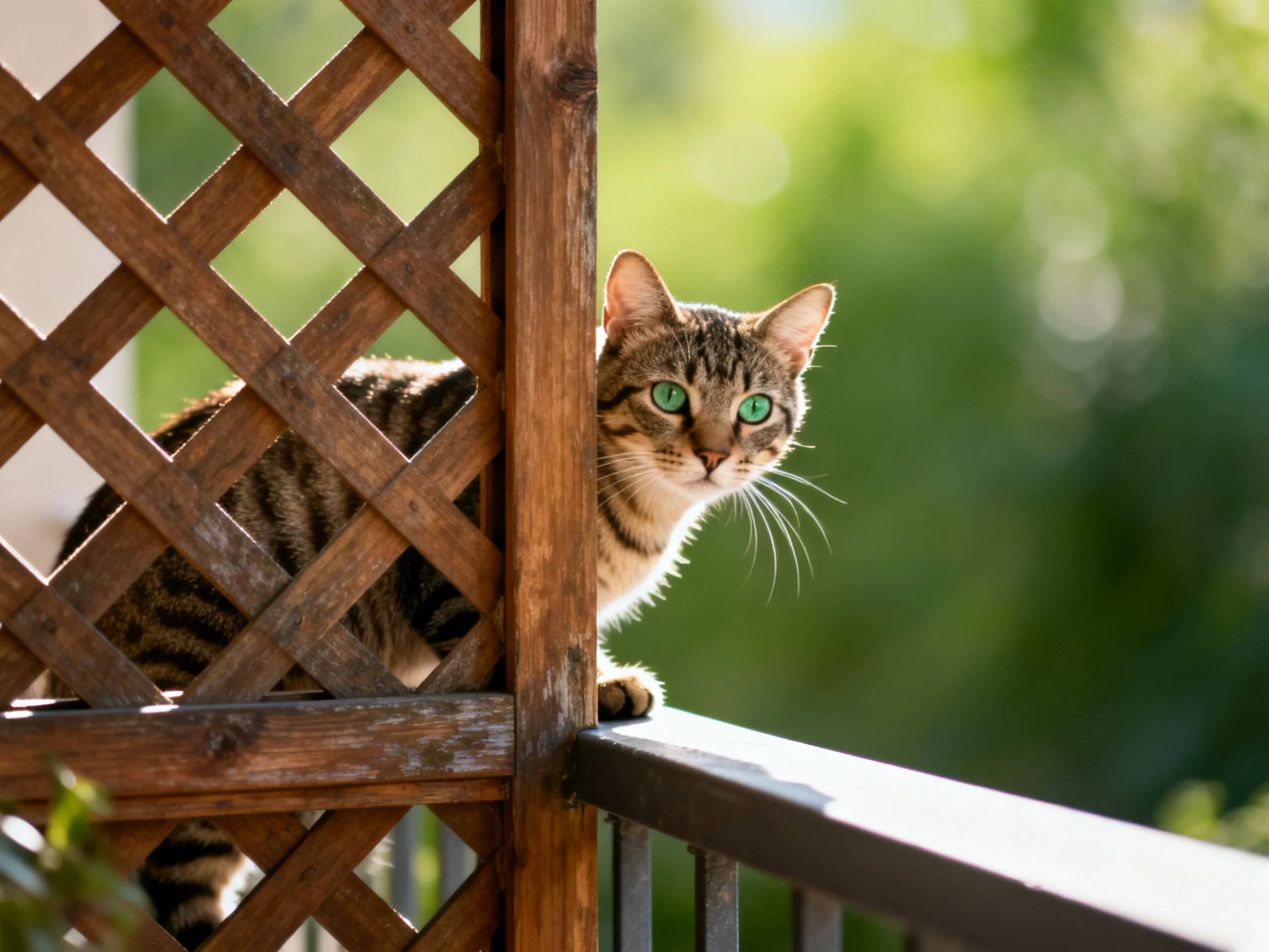 A tabby cat with green eyes is partially hidden behind a wooden lattice fence.