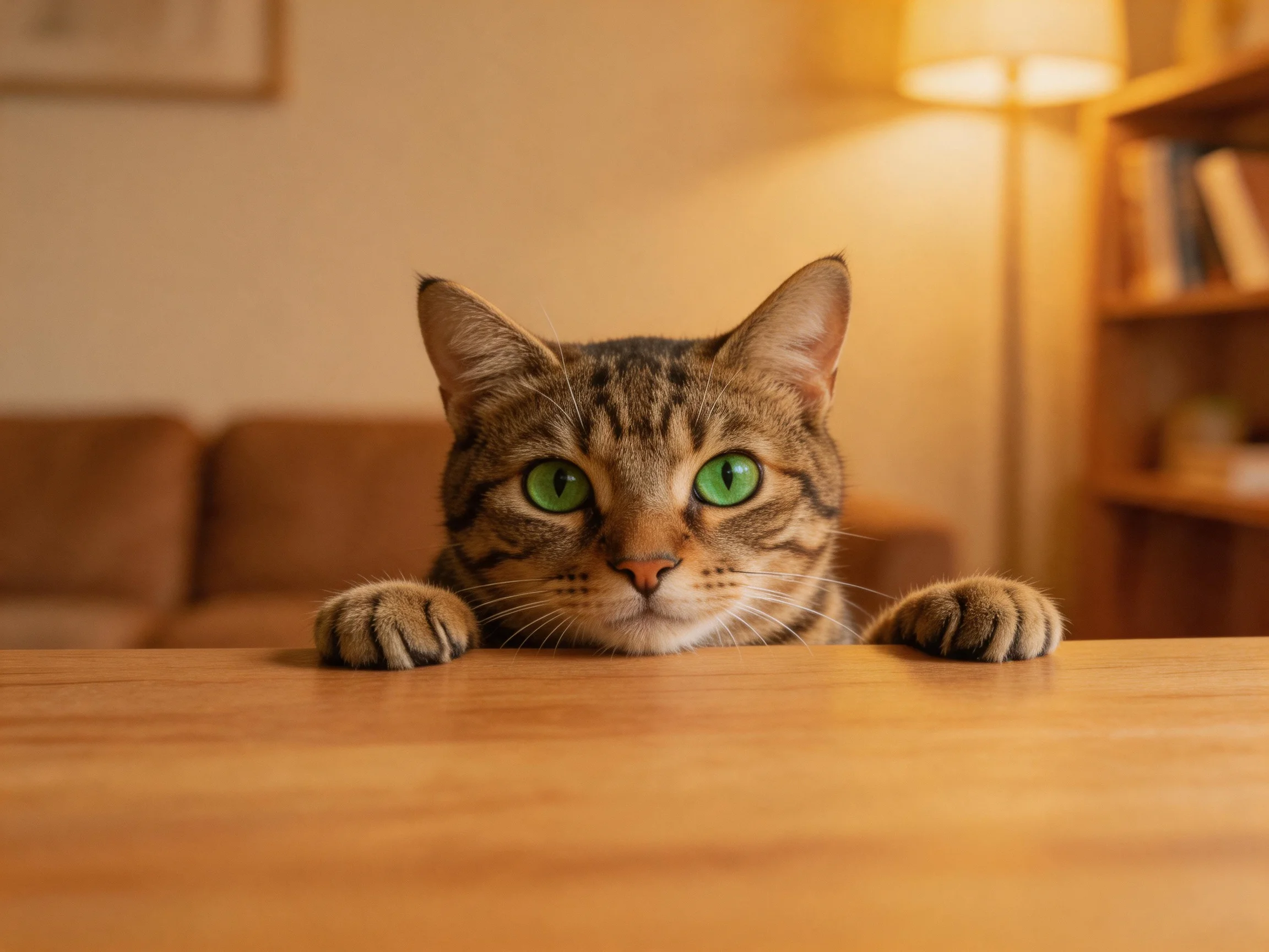 A tabby cat with green eyes looks over a wooden table in a cozy indoor setting.