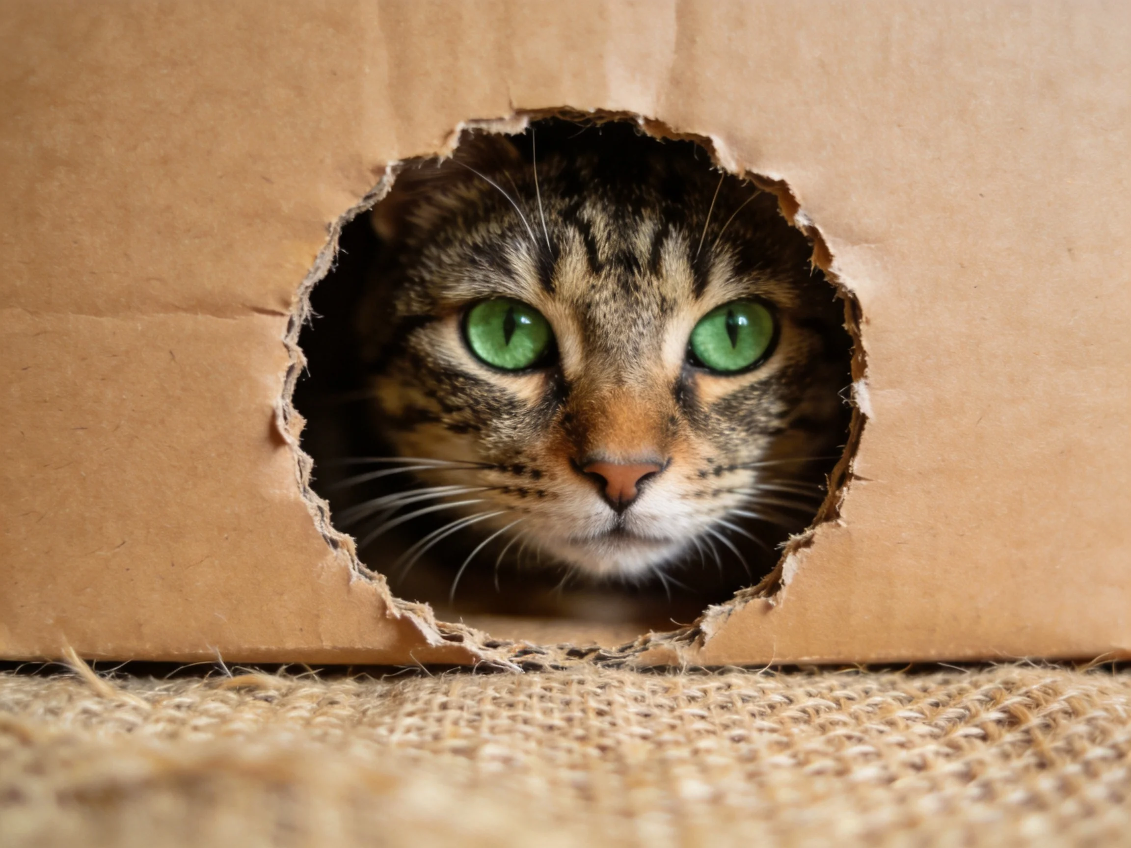 A tabby cat with green eyes peeks through a cardboard boxs circular opening.