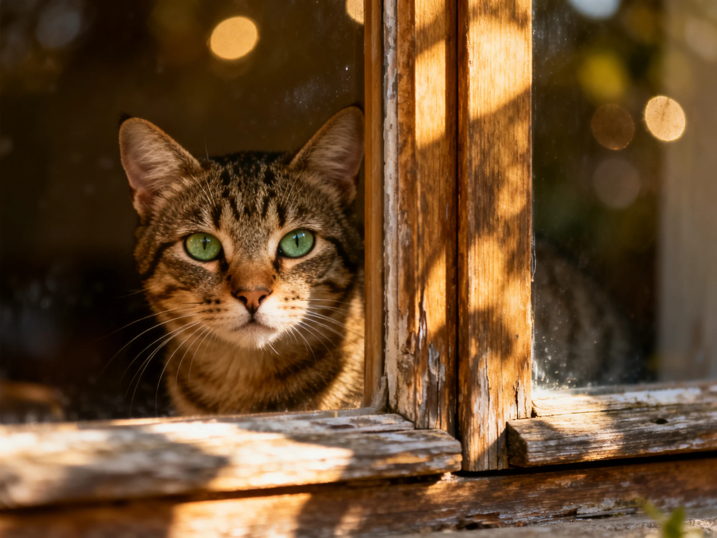 A tabby cat with bright green eyes looks out from a weathered wooden window.