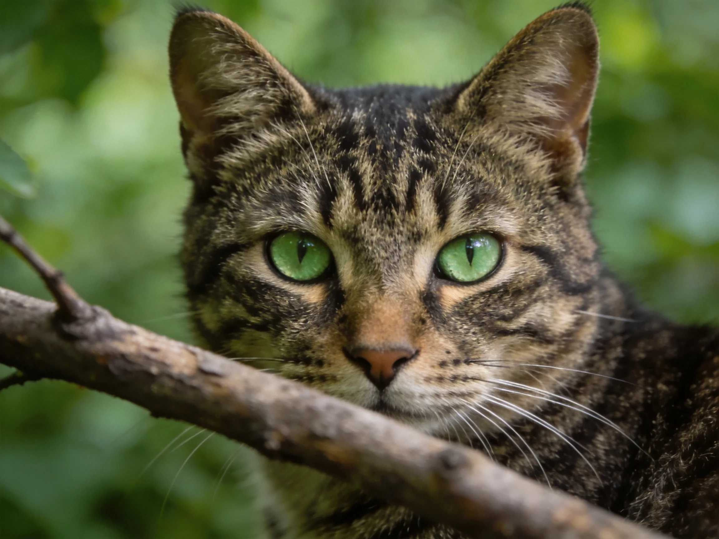 A tabby cat with bright green eyes sits near a tree branch in a leafy environment.