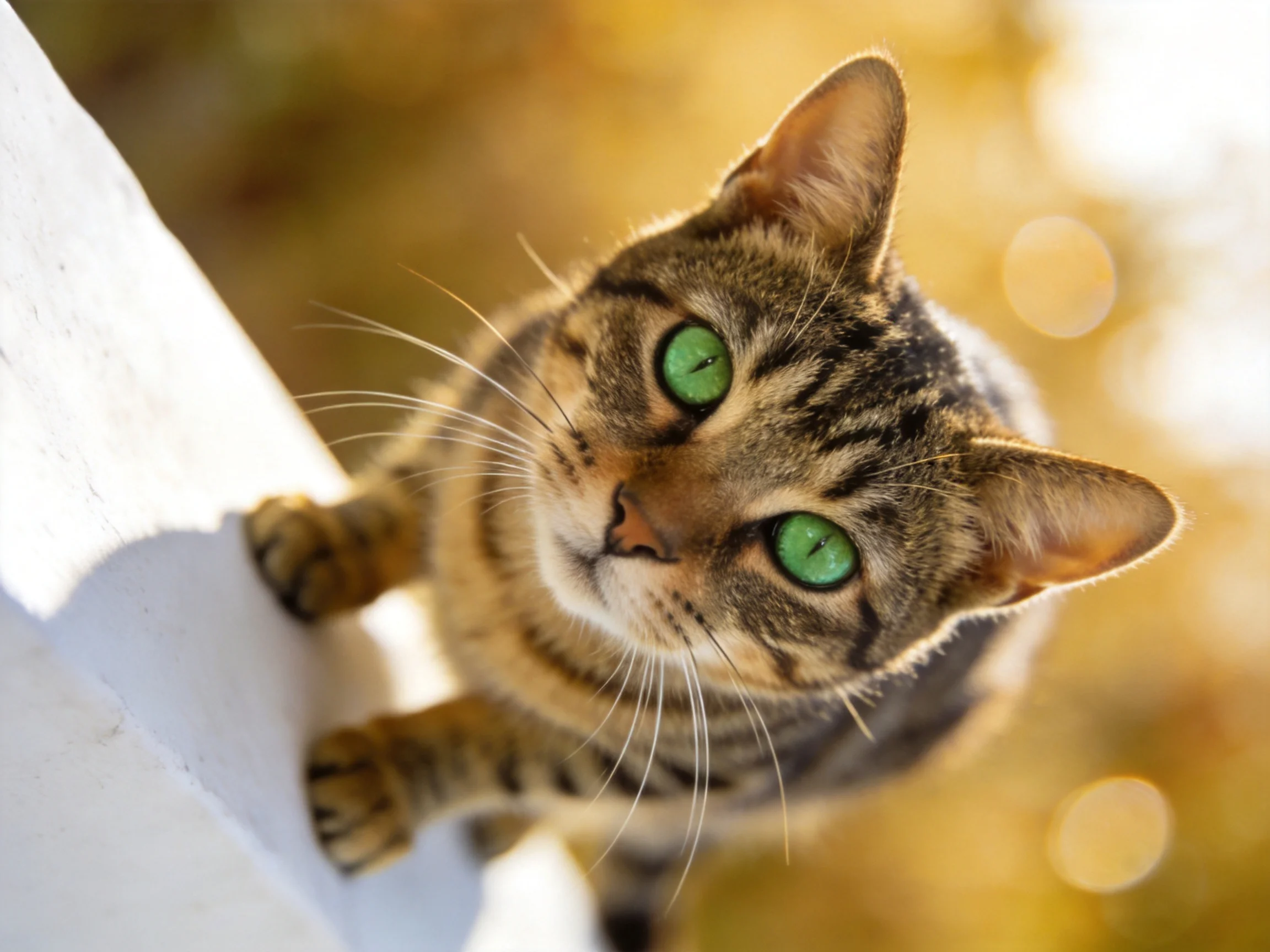 A tabby cat with bright green eyes leans toward a white surface.
