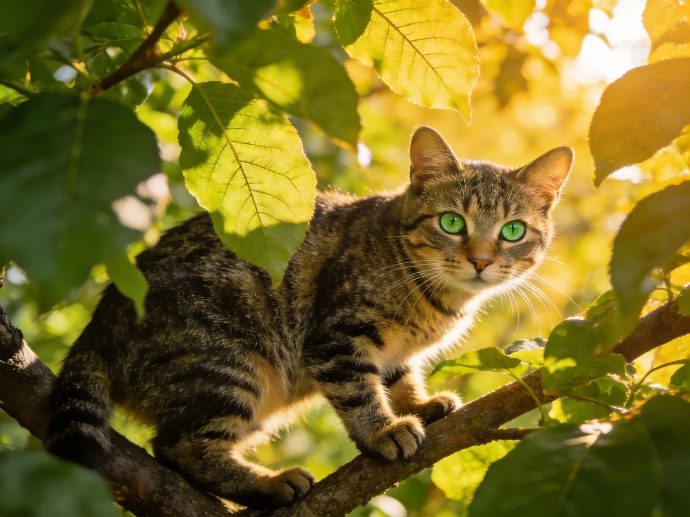 A tabby cat with green eyes sits on a sunlit tree branch amid foliage.