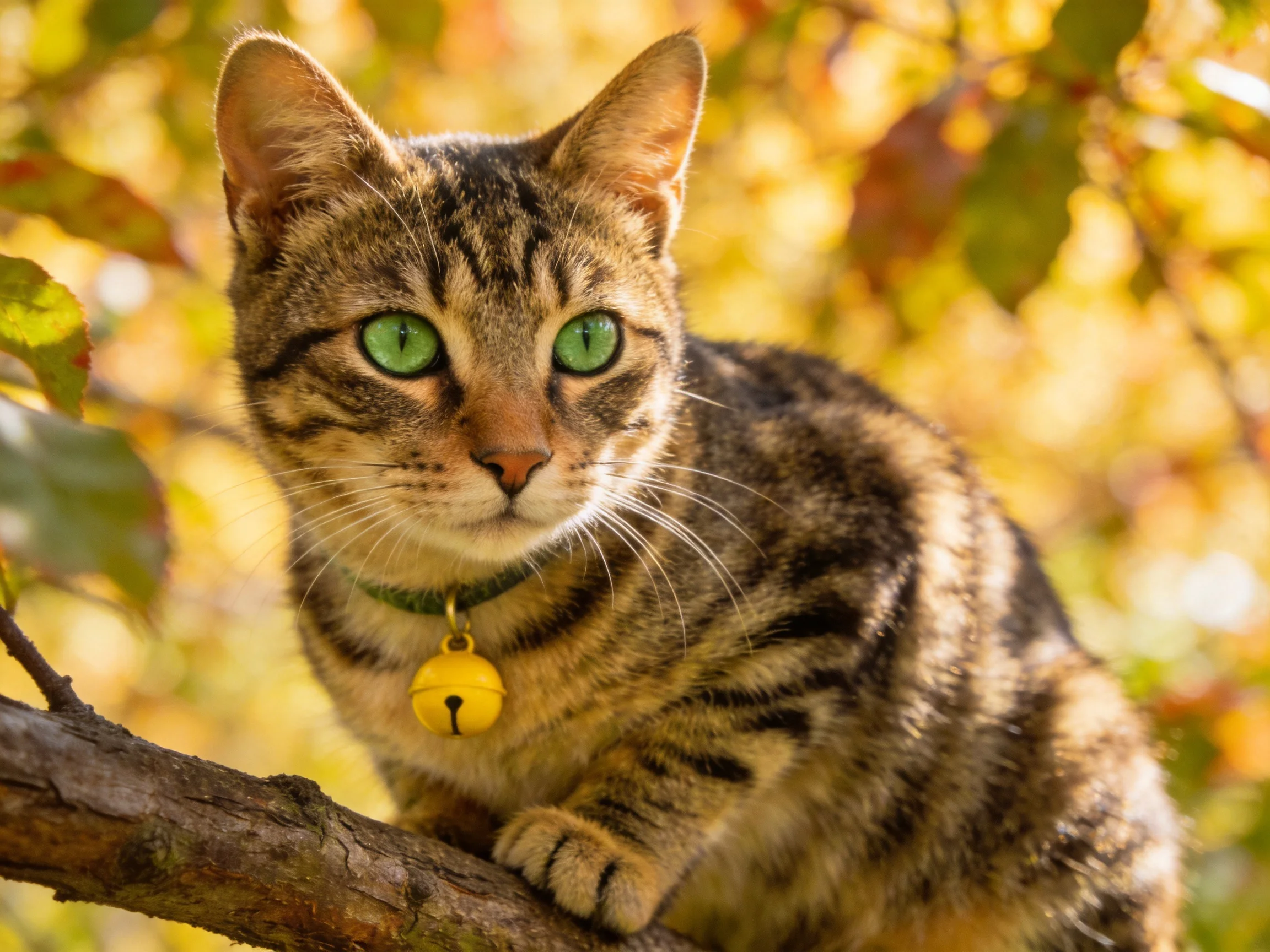 A tabby cat with green eyes rests on a tree branch in a sunlit setting.