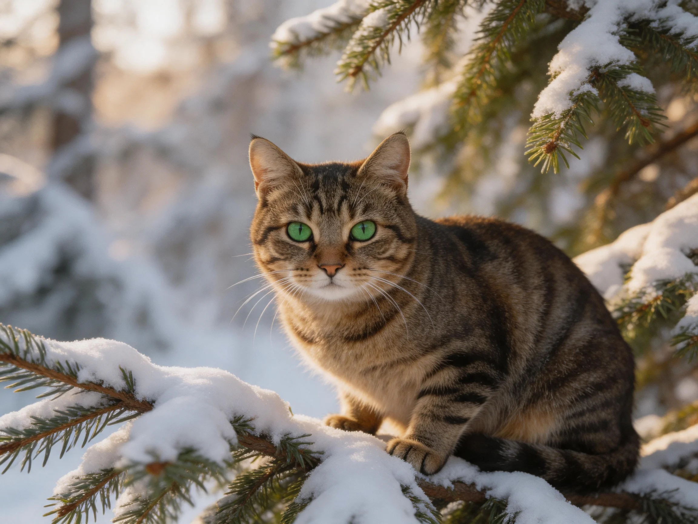 A tabby cat sits on snow-dusted evergreen branches in a wintry setting.
