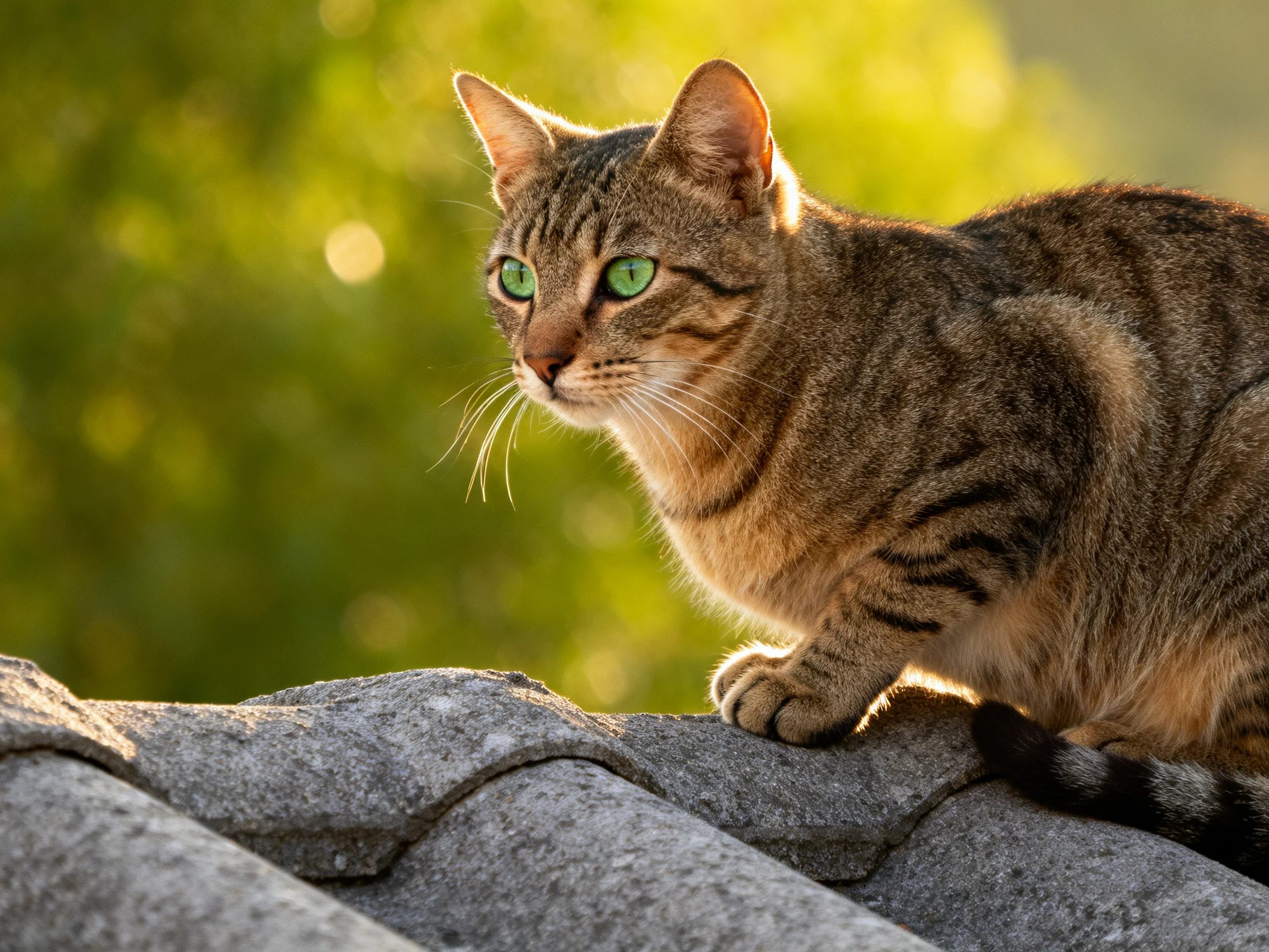 A tabby cat with green eyes stands alertly a stone-tiled rooftop.