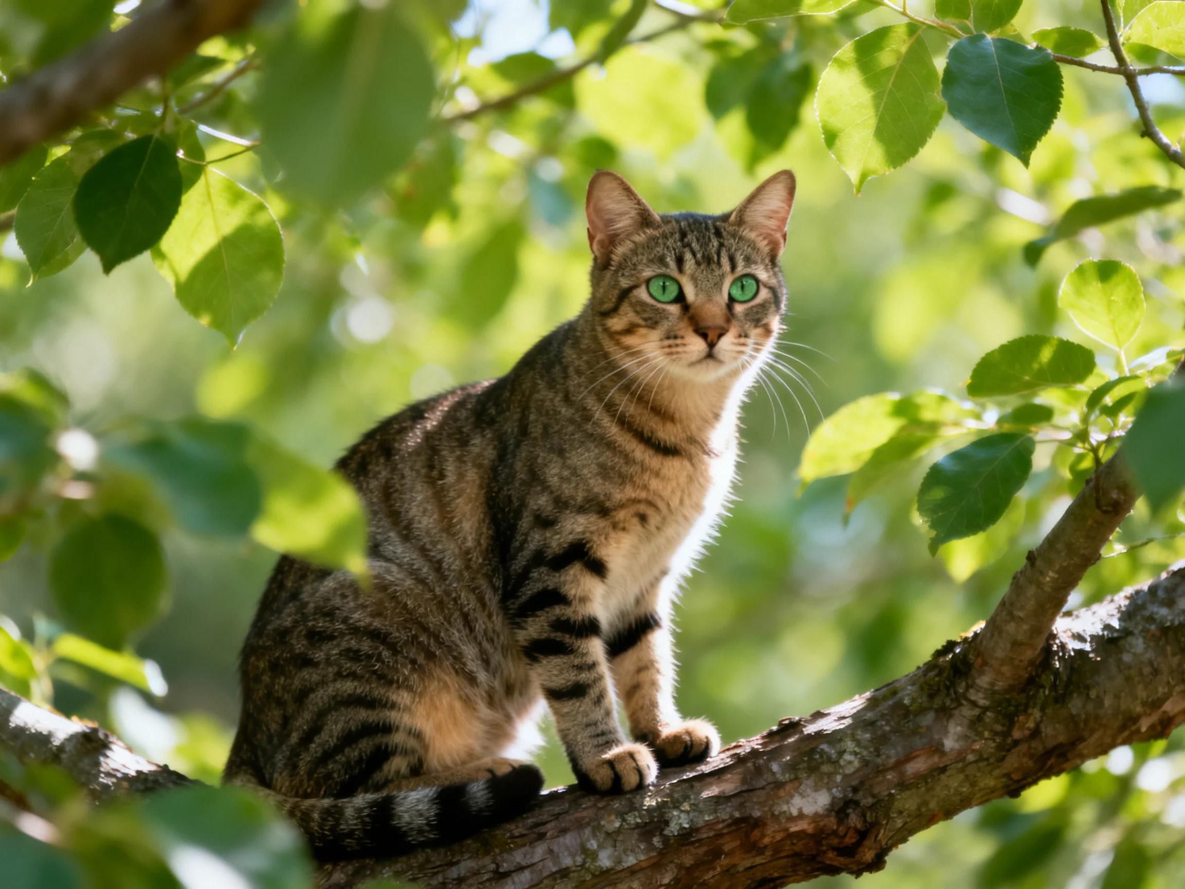 A tabby cat with green eyes sits on a tree branch surrounded by leafy vegetation.