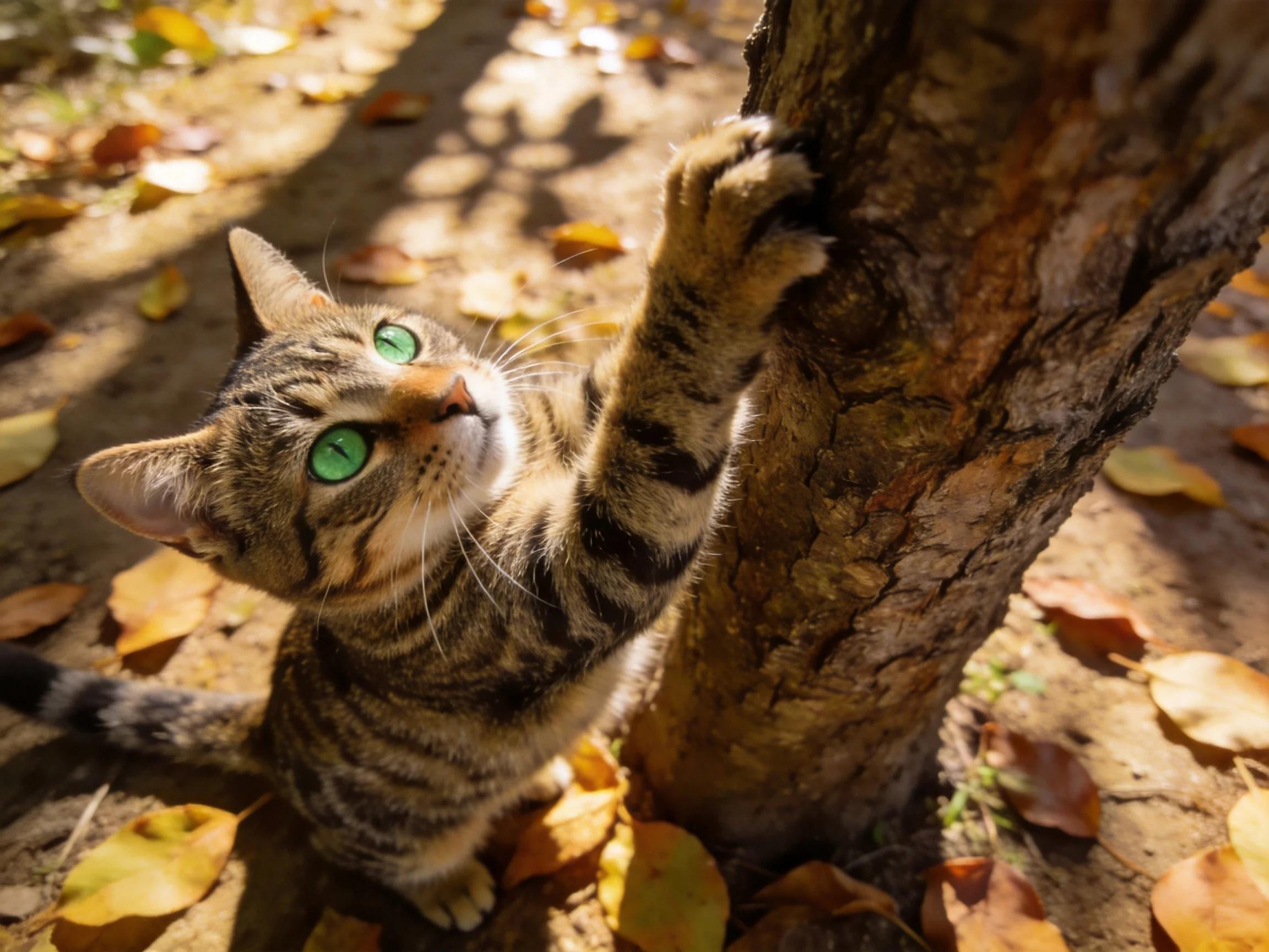 Tabby cat with green eyes reaches toward a tree trunk among autumn leaves