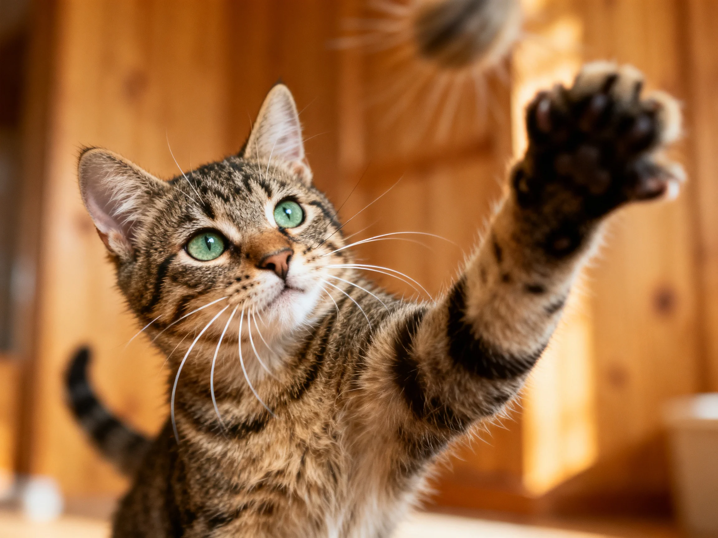 A tabby cat with green eyes stretches its paw in a sunlit room with wooden interiors.