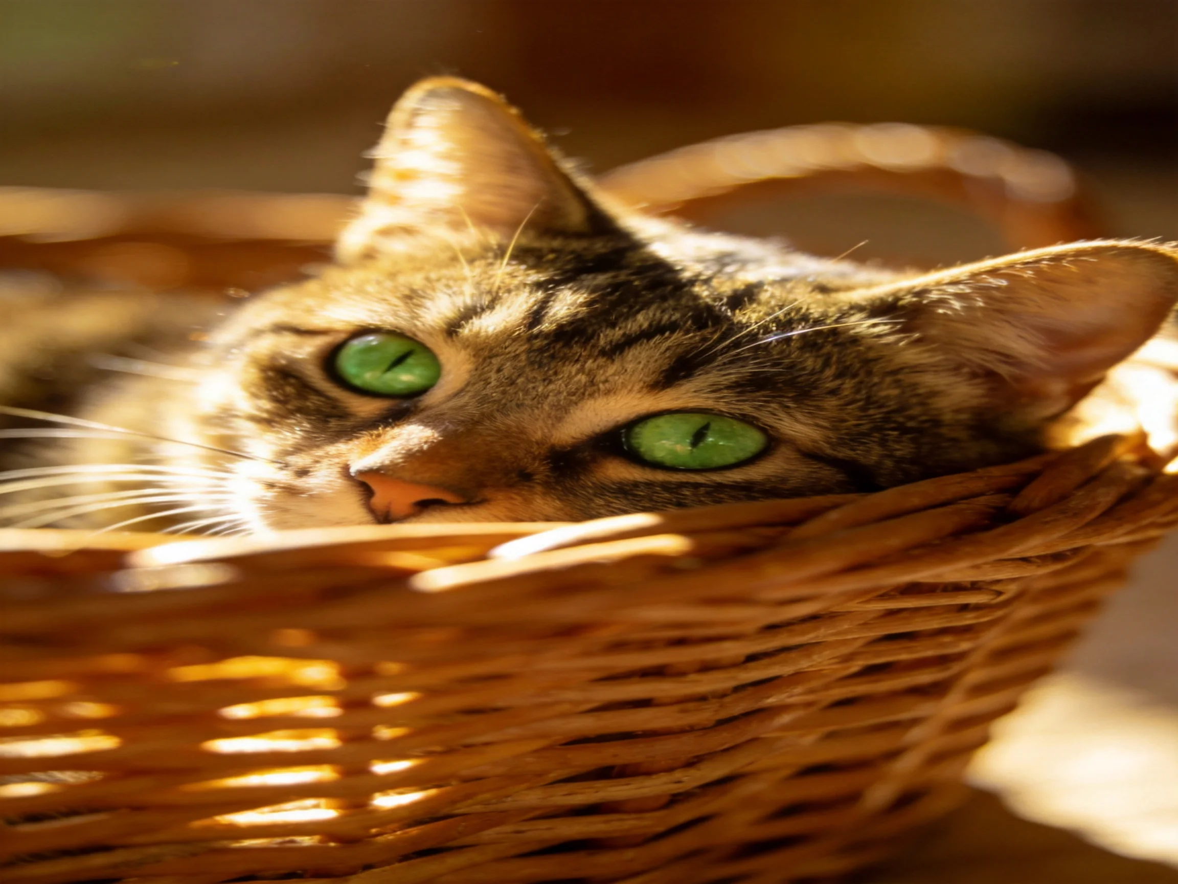 A tabby cat with green eyes rests in a wicker basket.