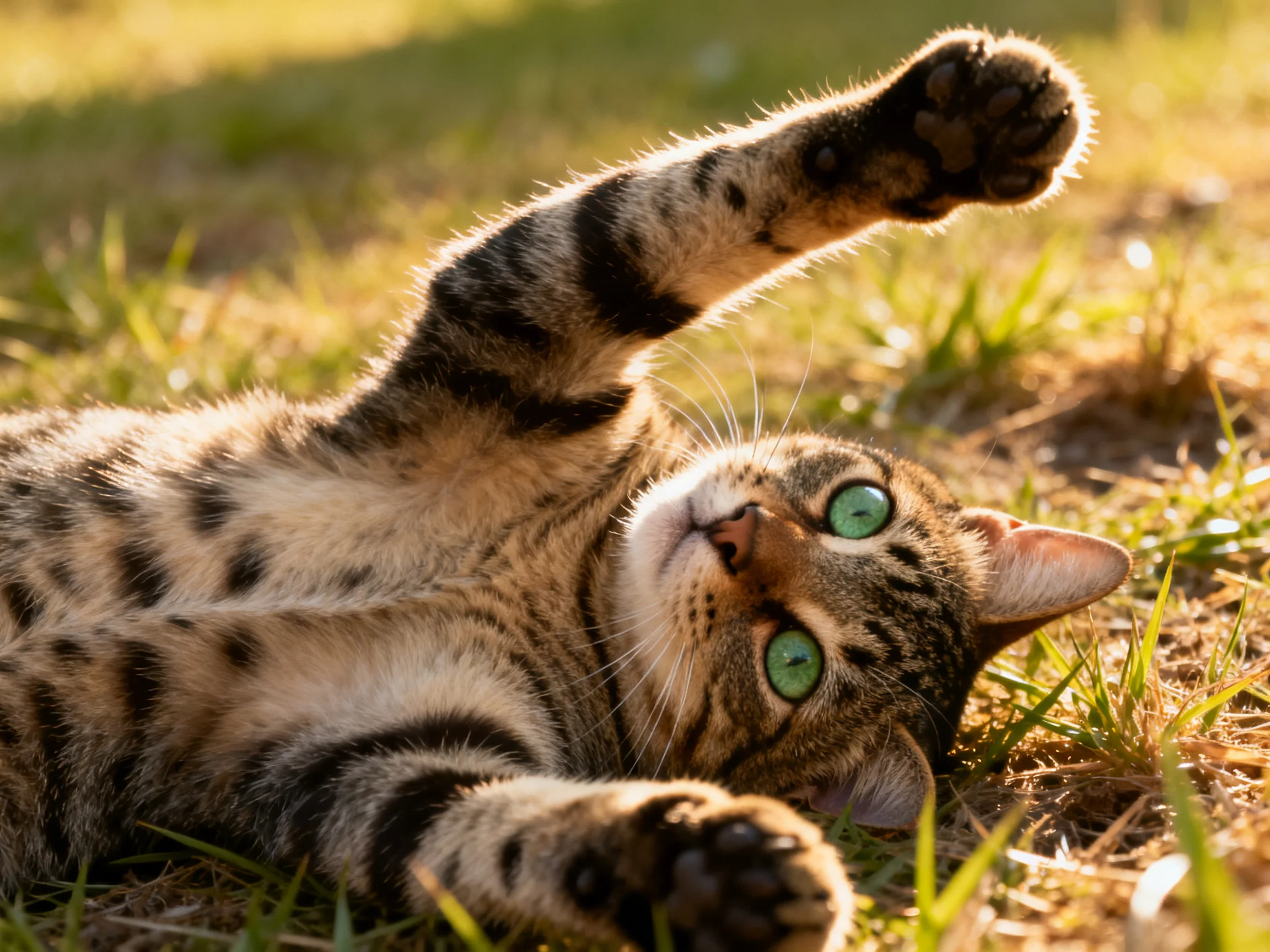 A tabby cat with green eyes rests on grass in sunlight.