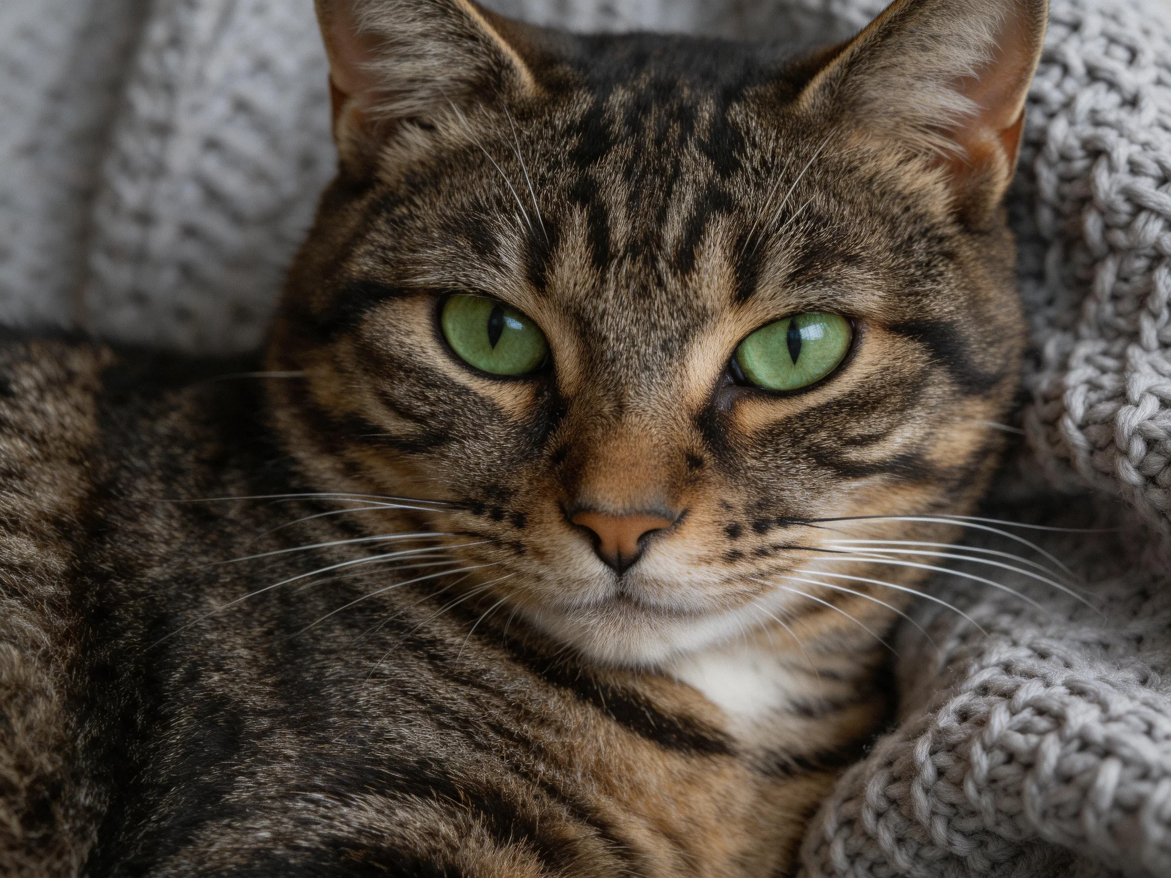 A tabby cat with green eyes relaxes on a soft gray knitted blanket.