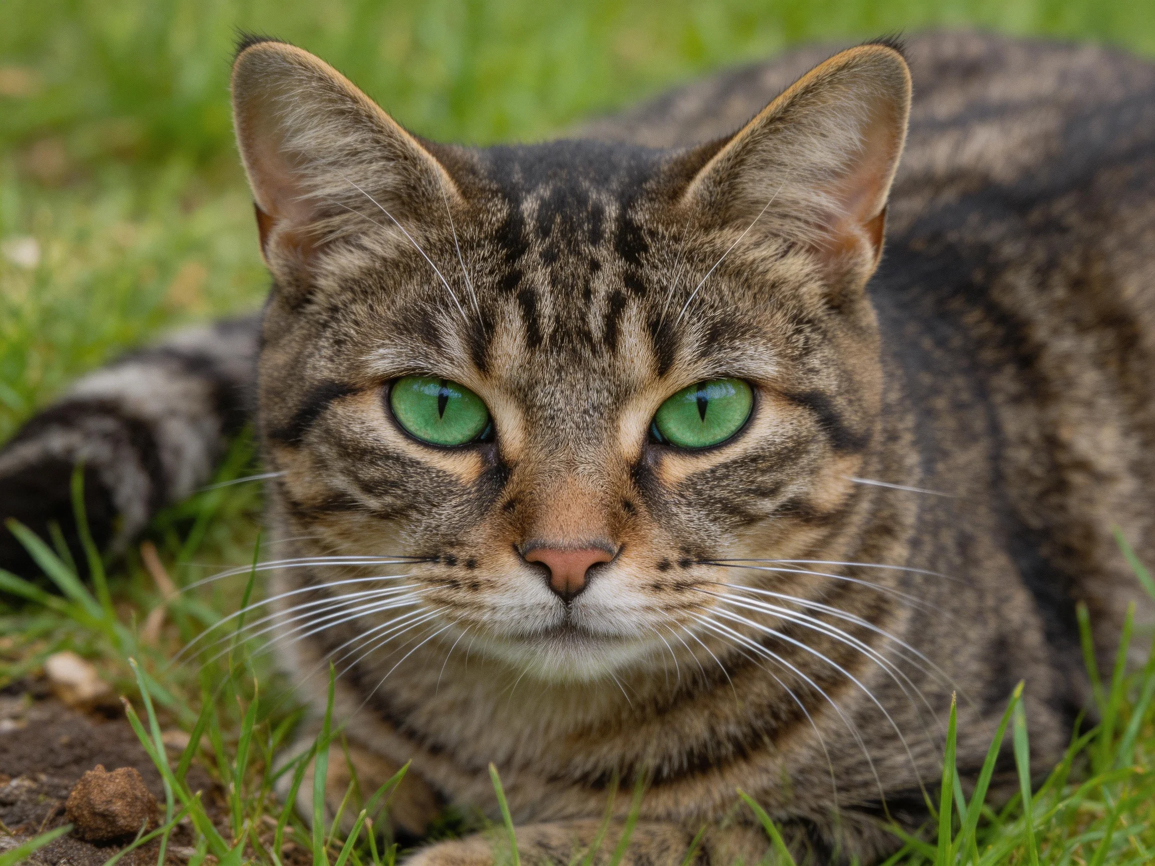 A tabby cat with vivid green eyes rests amid grass.
