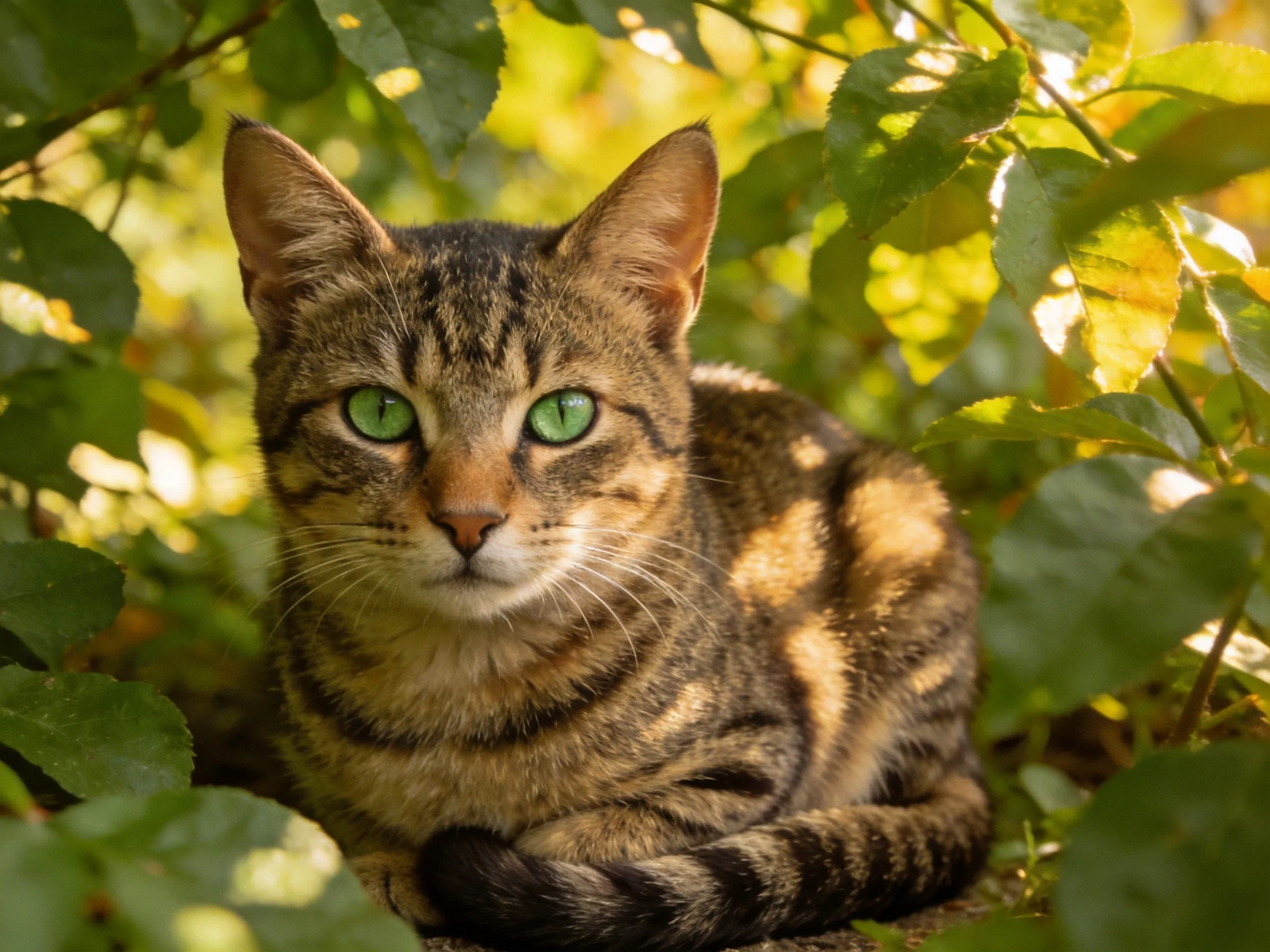 A tabby cat with green eyes relaxes in a sunlit leafy setting.