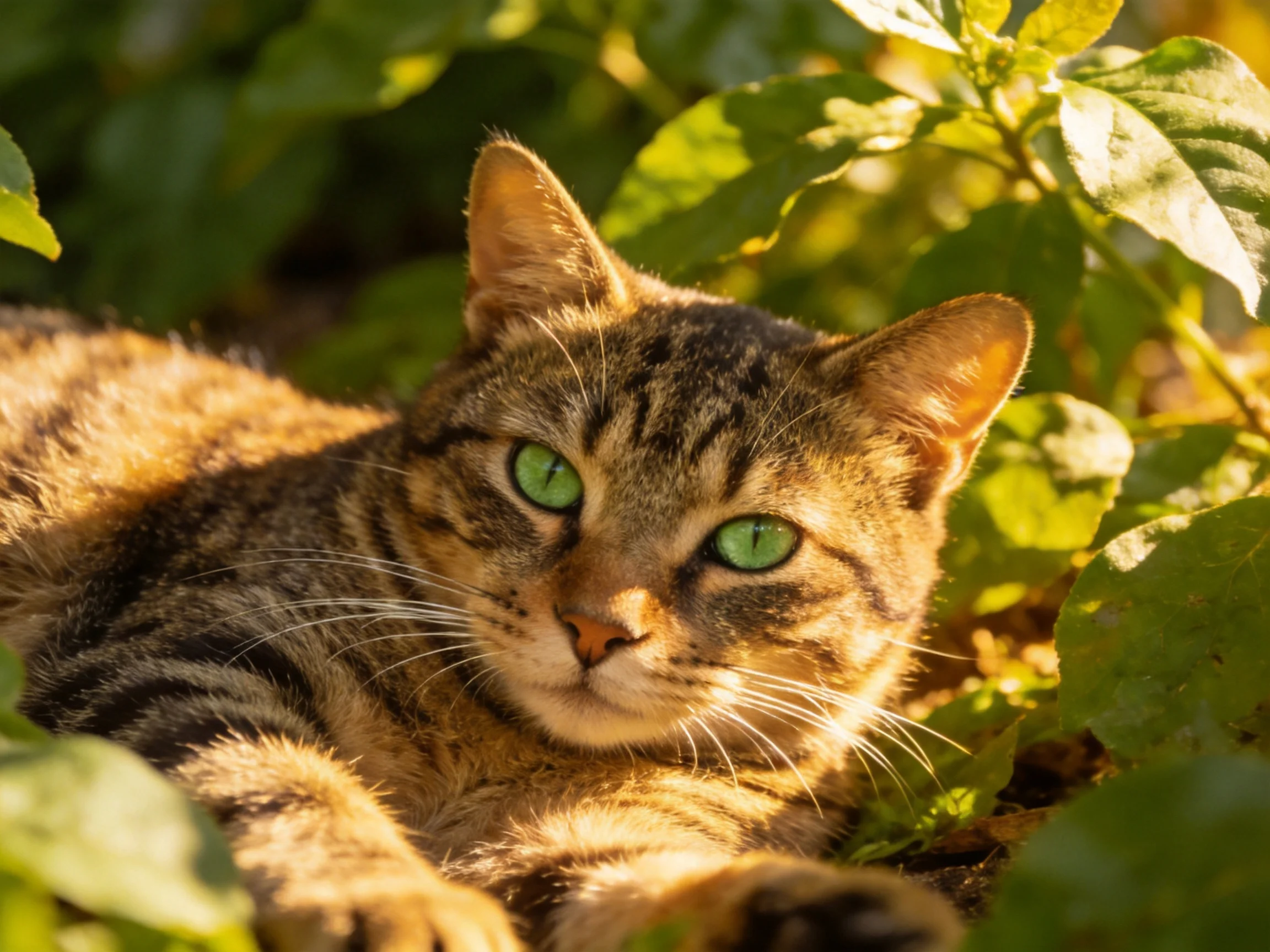 A tabby cat with green eyes relaxes among a sunlit area surrounded by green plants.