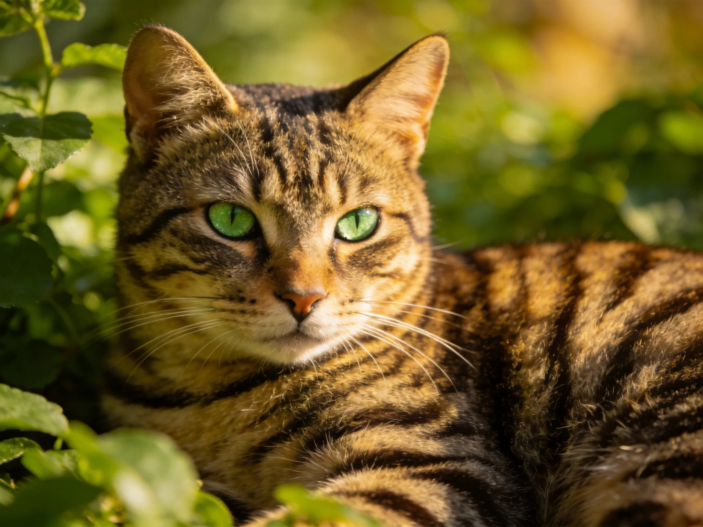 A tabby cat with green eyes relaxes amid green plants.