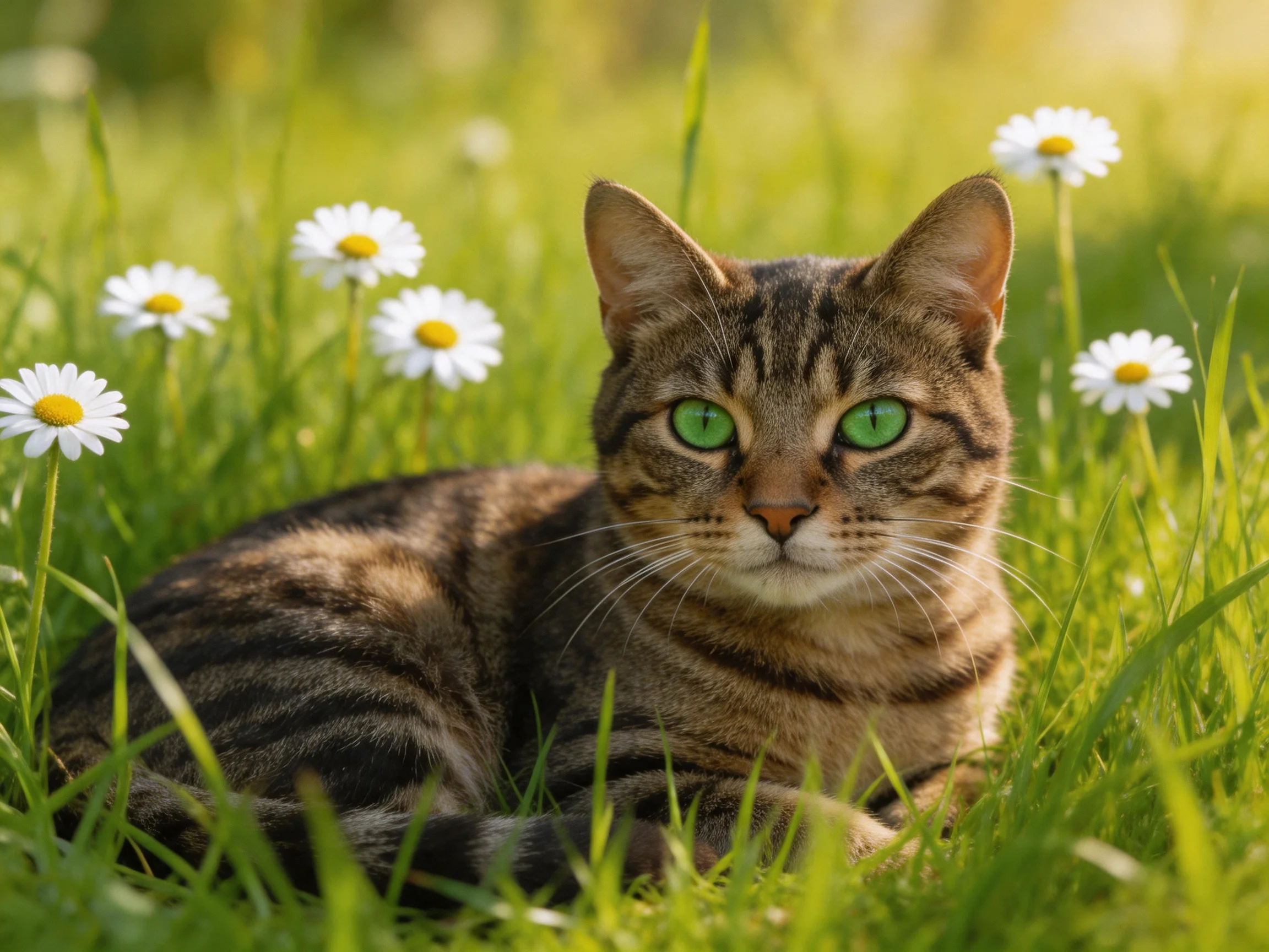 A tabby cat with green eyes relaxes amid white daisies in a sunlit meadow.