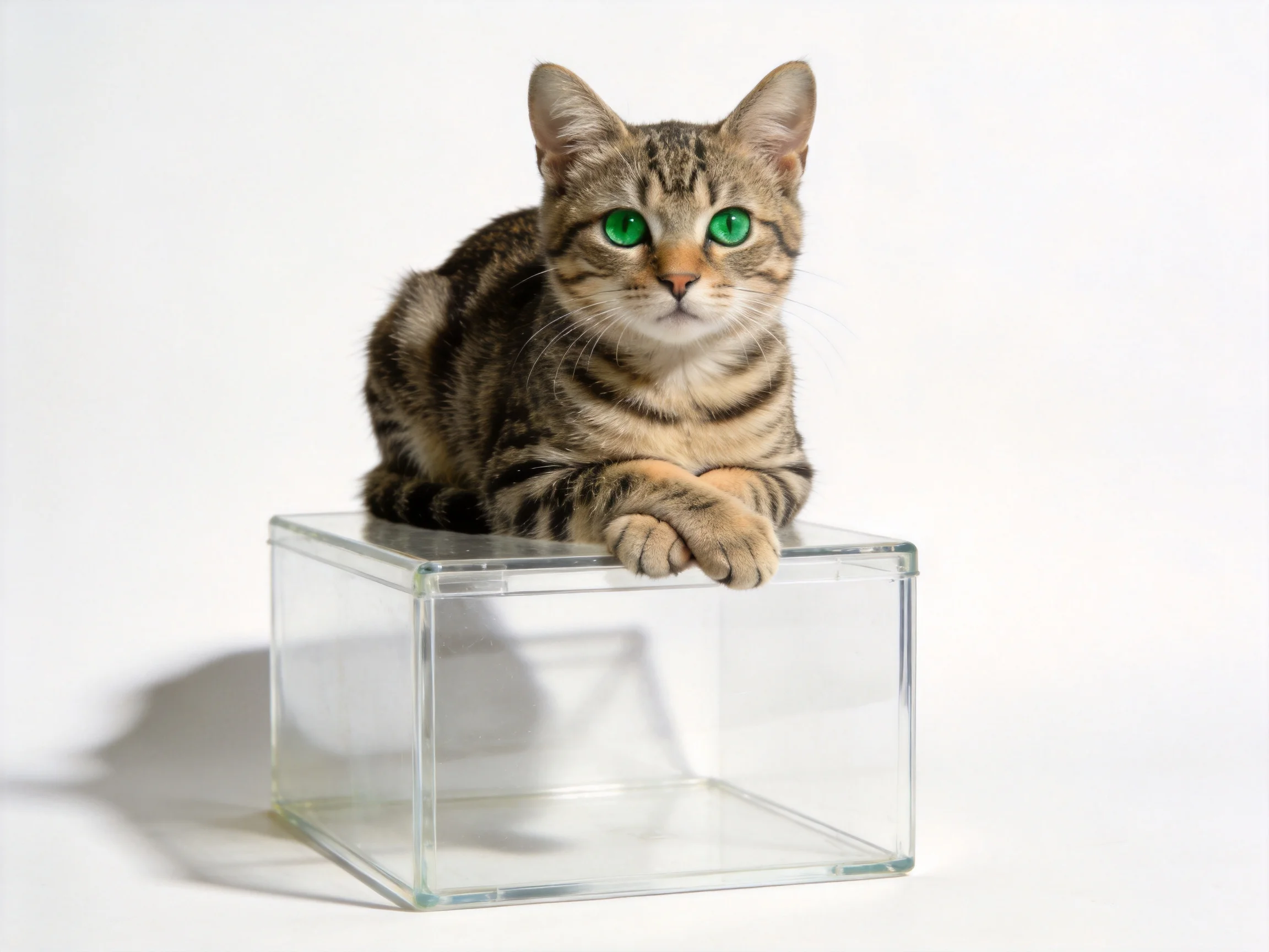 A tabby cat with green eyes sits on a clear glass box