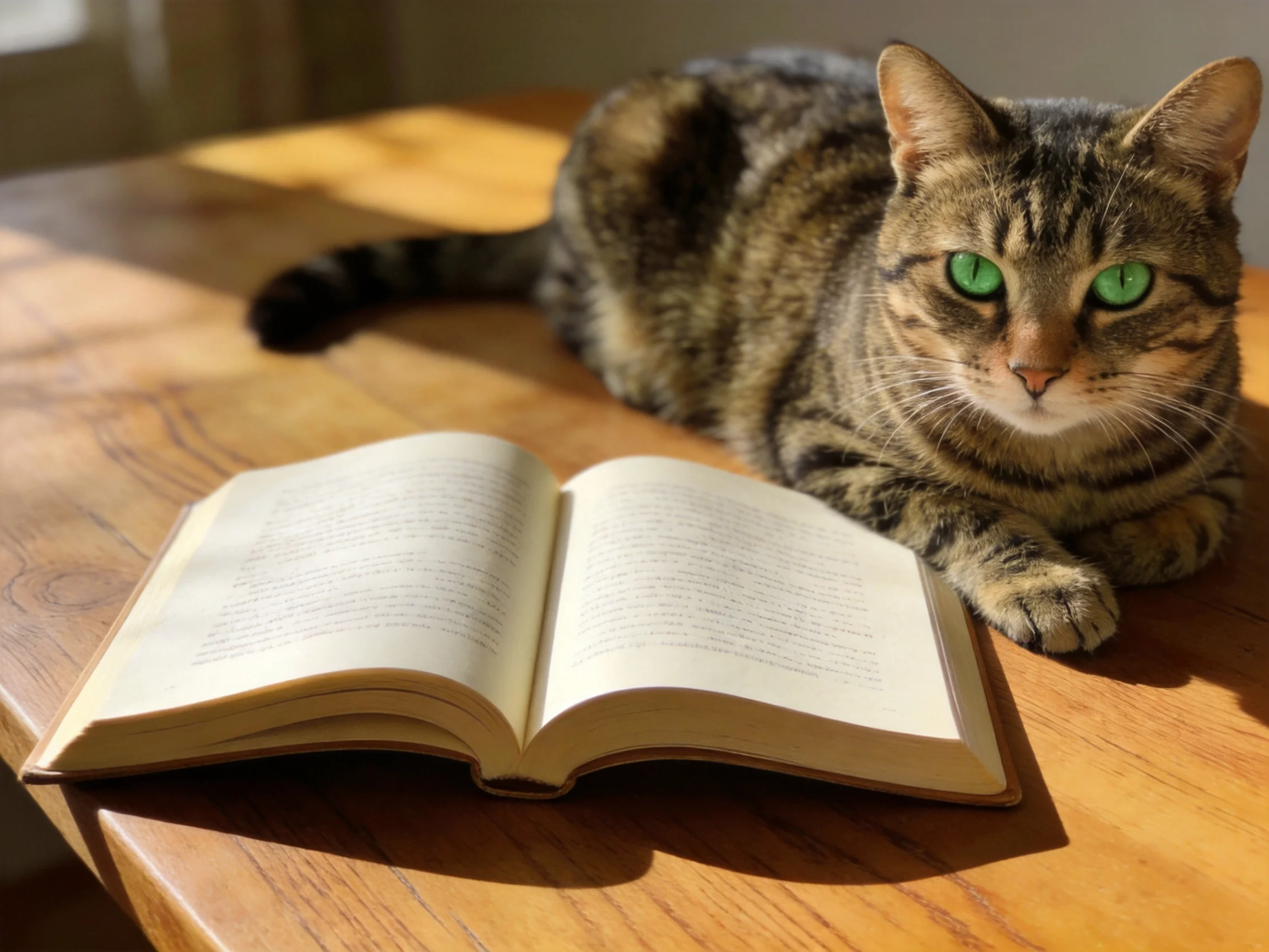 A tabby cat with green eyes rests beside an open book on a wooden table.