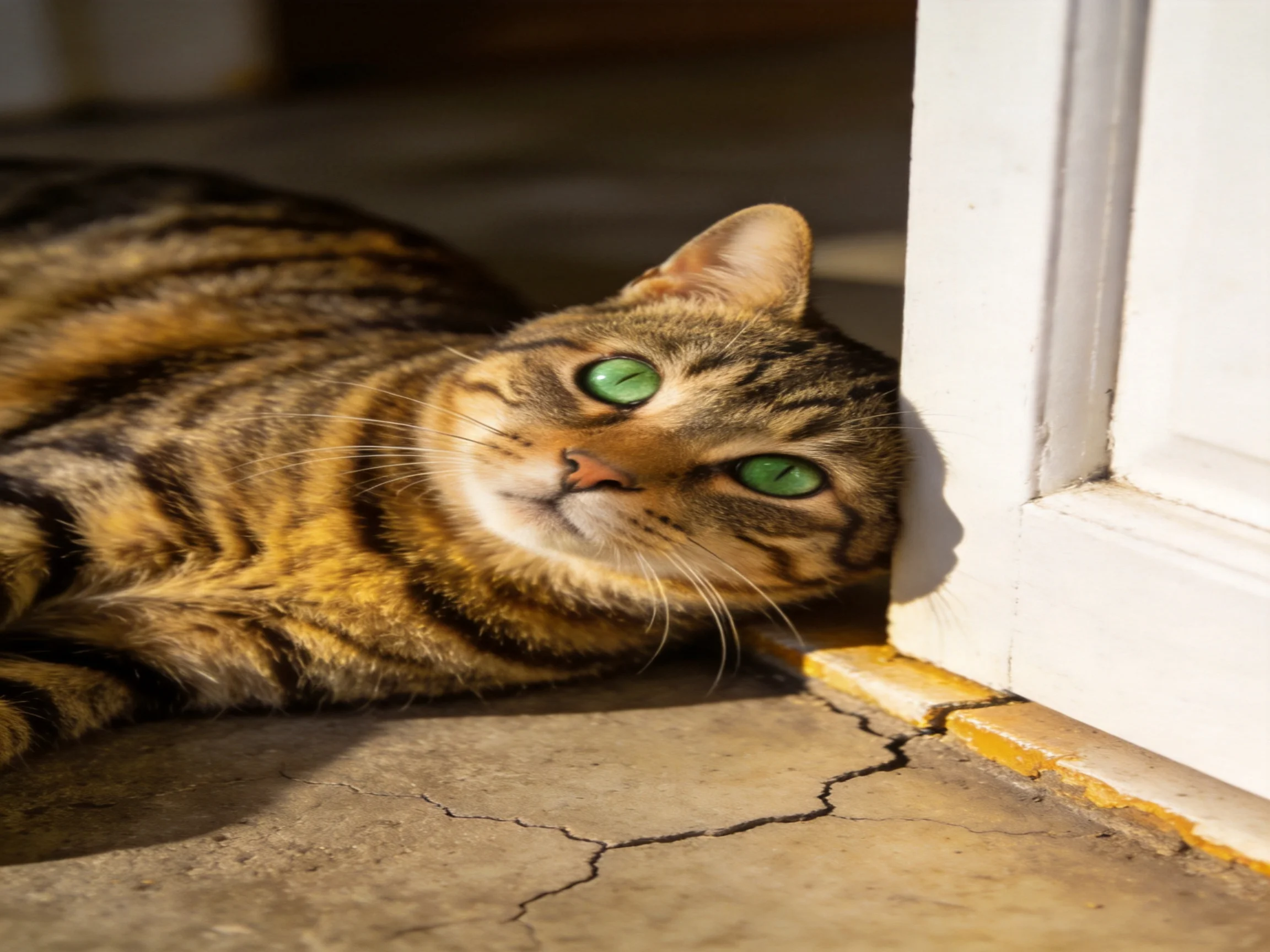 A tabby cat with bright green eyes rests by a white door frame