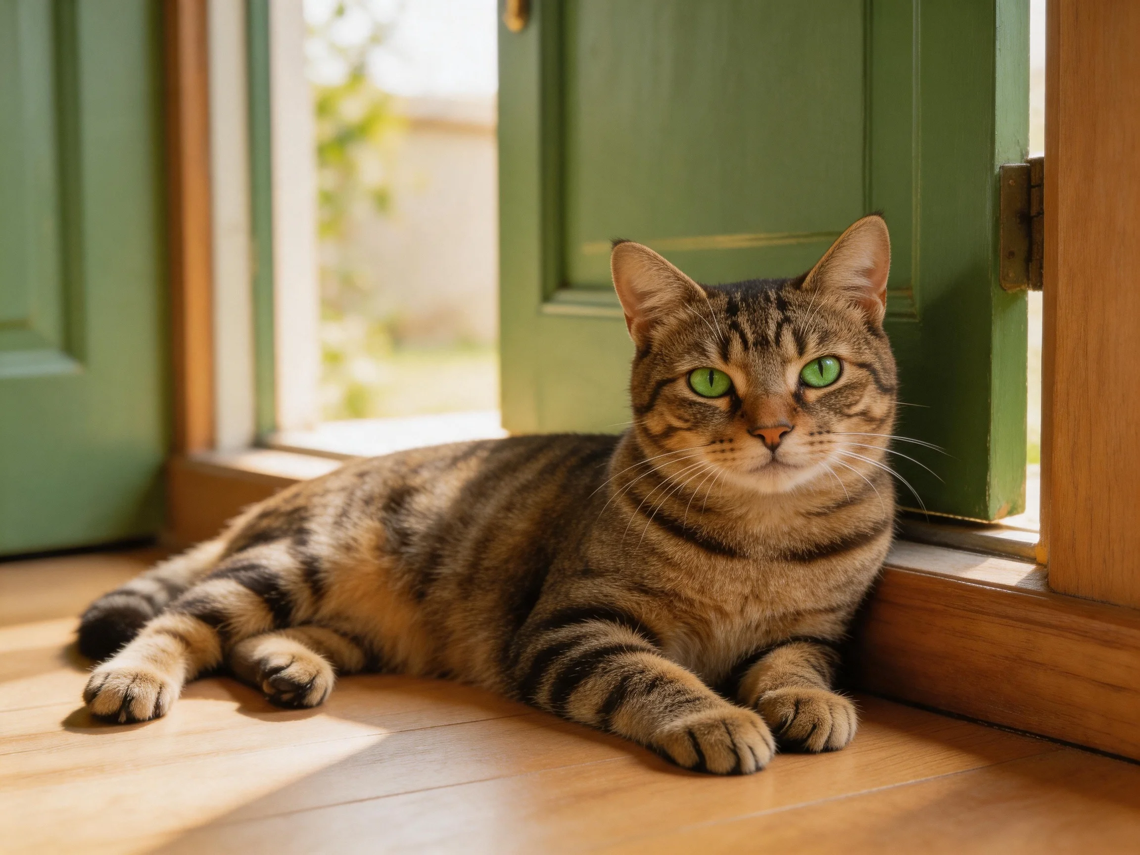A tabby cat with green eyes relaxes near an open door in a sunlit space.